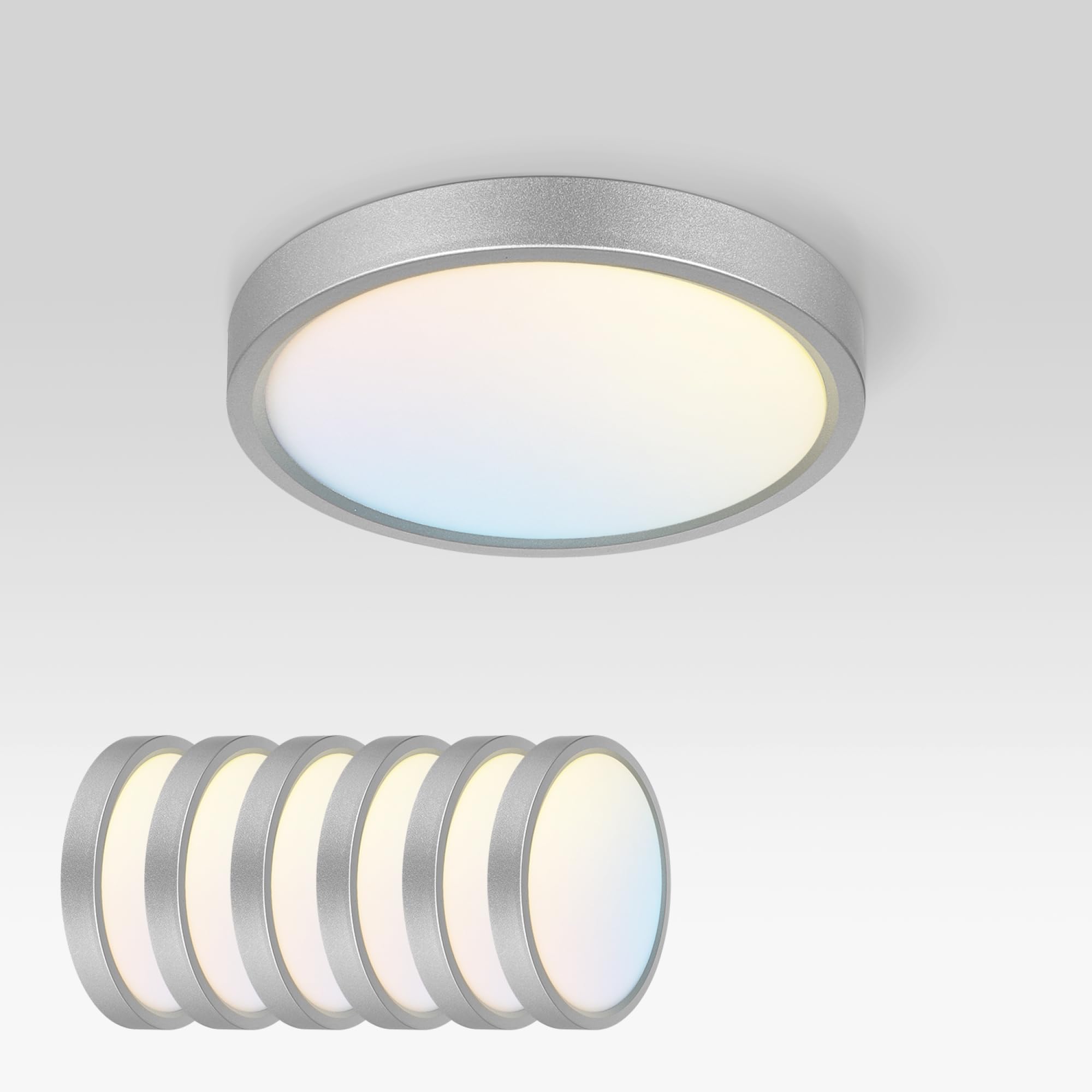ASD LED Ceiling Light Fixture | 15W 1260LM | 2700-6000K | 7in Round | Nickel | 6 Pack | Dimmable, ETL Listed