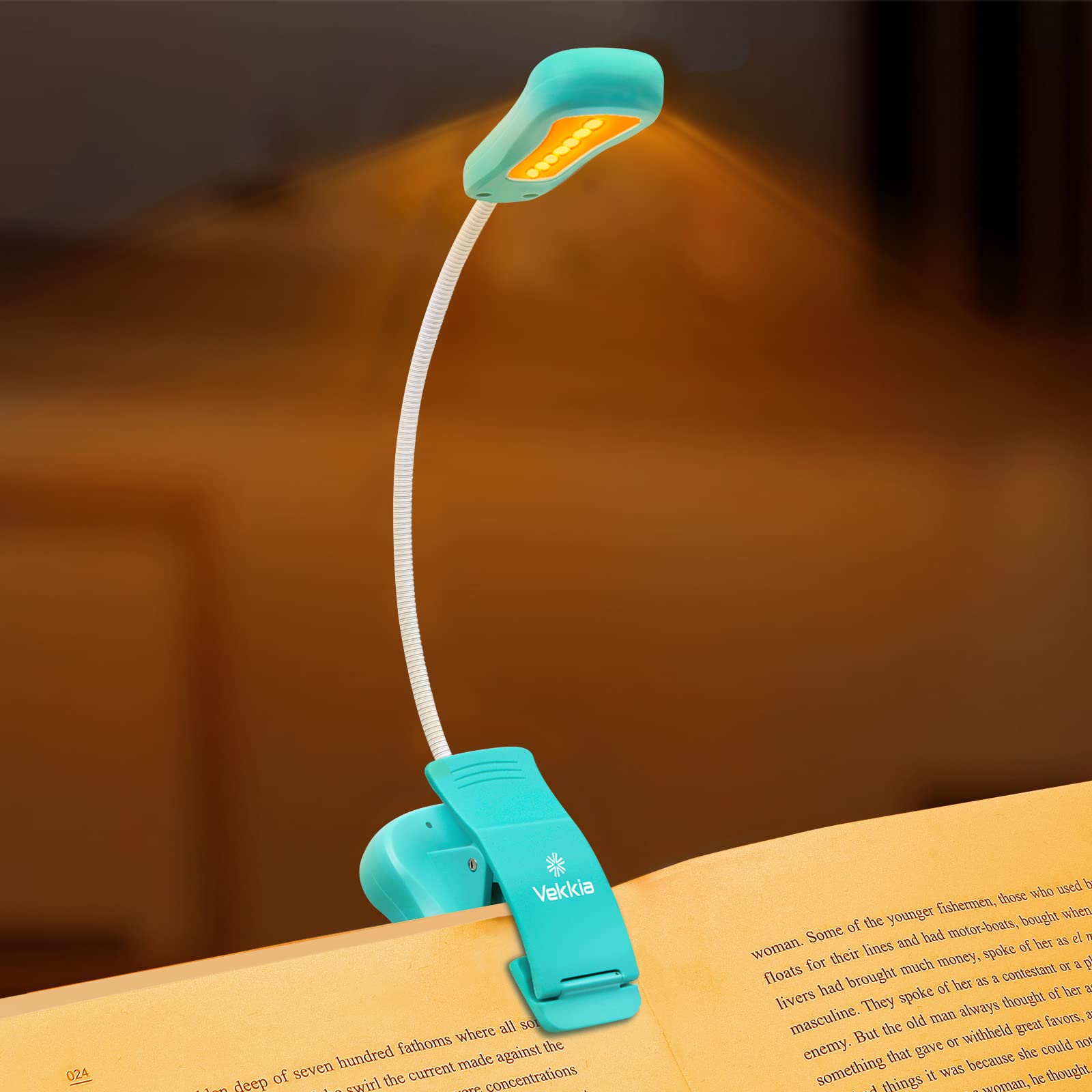 Vekkia Rechargeable Amber Reading Light, Book Light for Reading in Bed, 3 Levels, Up to 70 Hours Reading, Gift for Bookworms, Tr