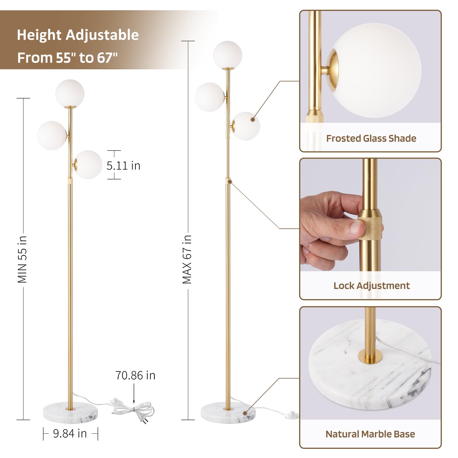 Vallerico 3-Globe Mid Century Modern Floor Lamps For Living Room, Adjustable Height Standing Lamp With Marble Base, Gold Tall La