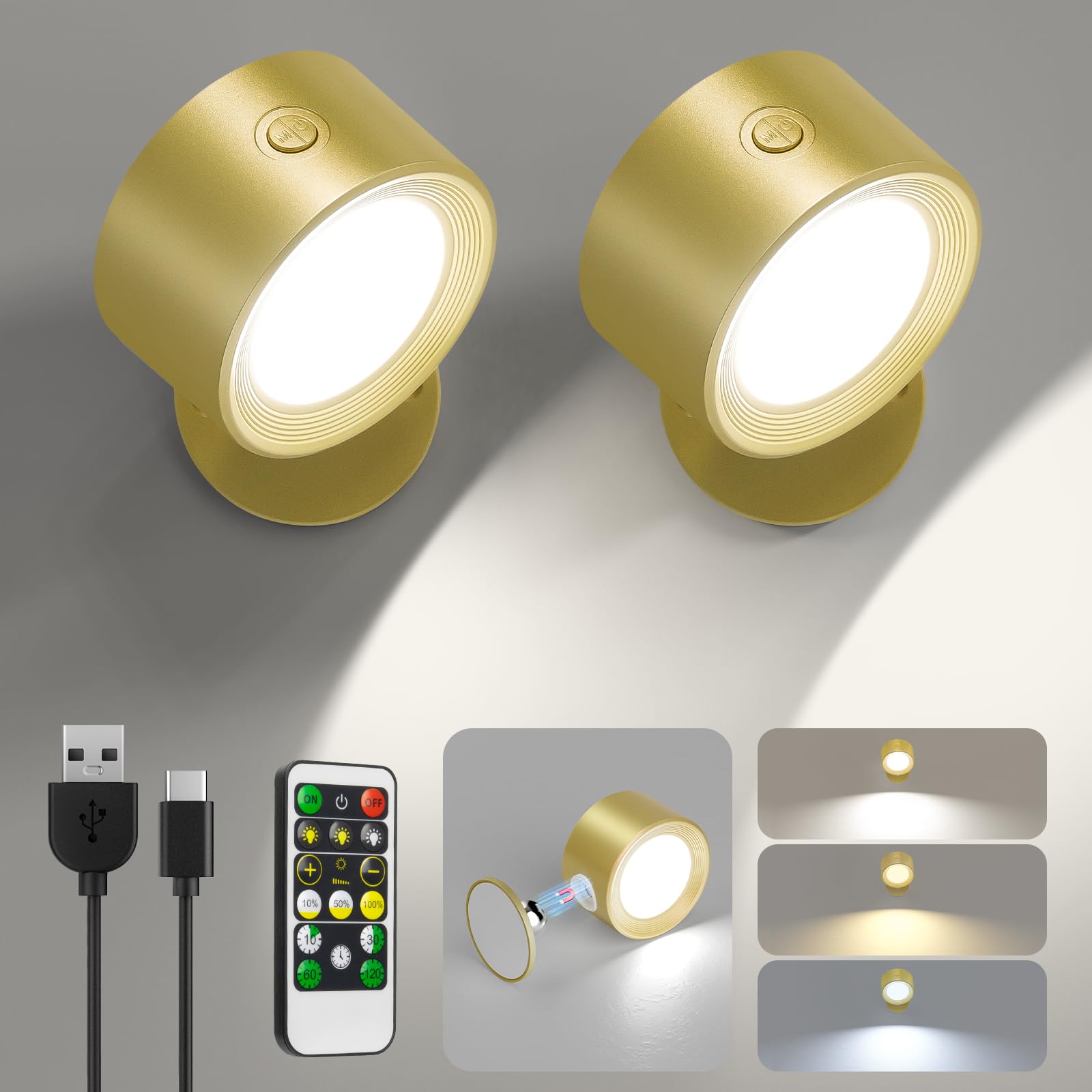 Lightbiz Led Wall Lights 2 Pcs With Remote, Wall Sconces Lamp Rechargeable Battery Operated, 3 Color Temperatures & Dimmable Mag