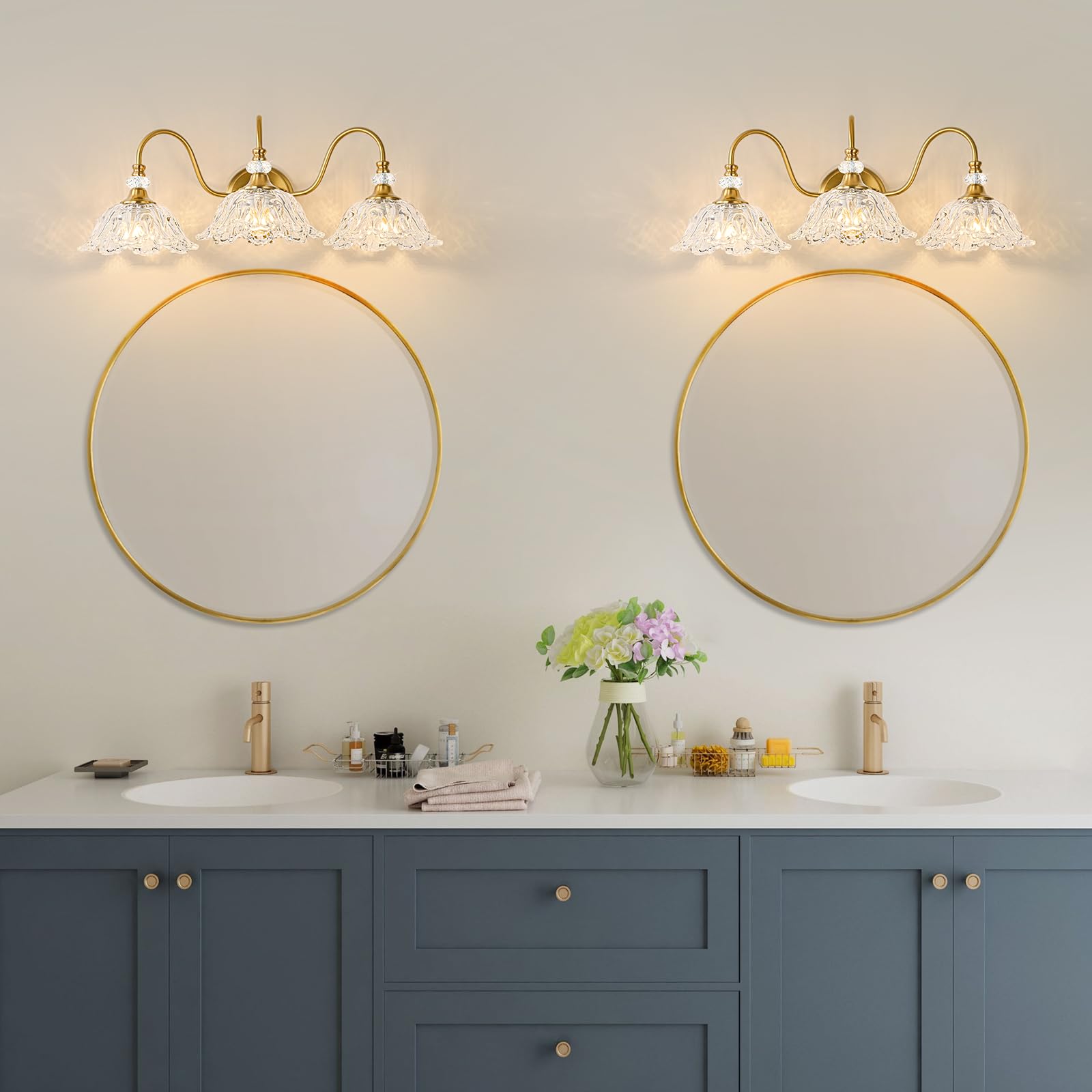 sunkryster 3-Light Gold Bathroom Vanity Light, Brushed Gold Finish with Floral Clear Glass Shades, Model Sun-104AB-3-Gold