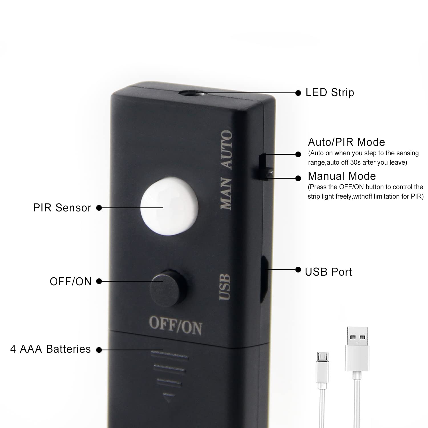 VST PIR Motion Sensor Controller Strip Light, 6.56ft, 2 Pack, Black, Model BT13, Battery-Powered, 6500K LED