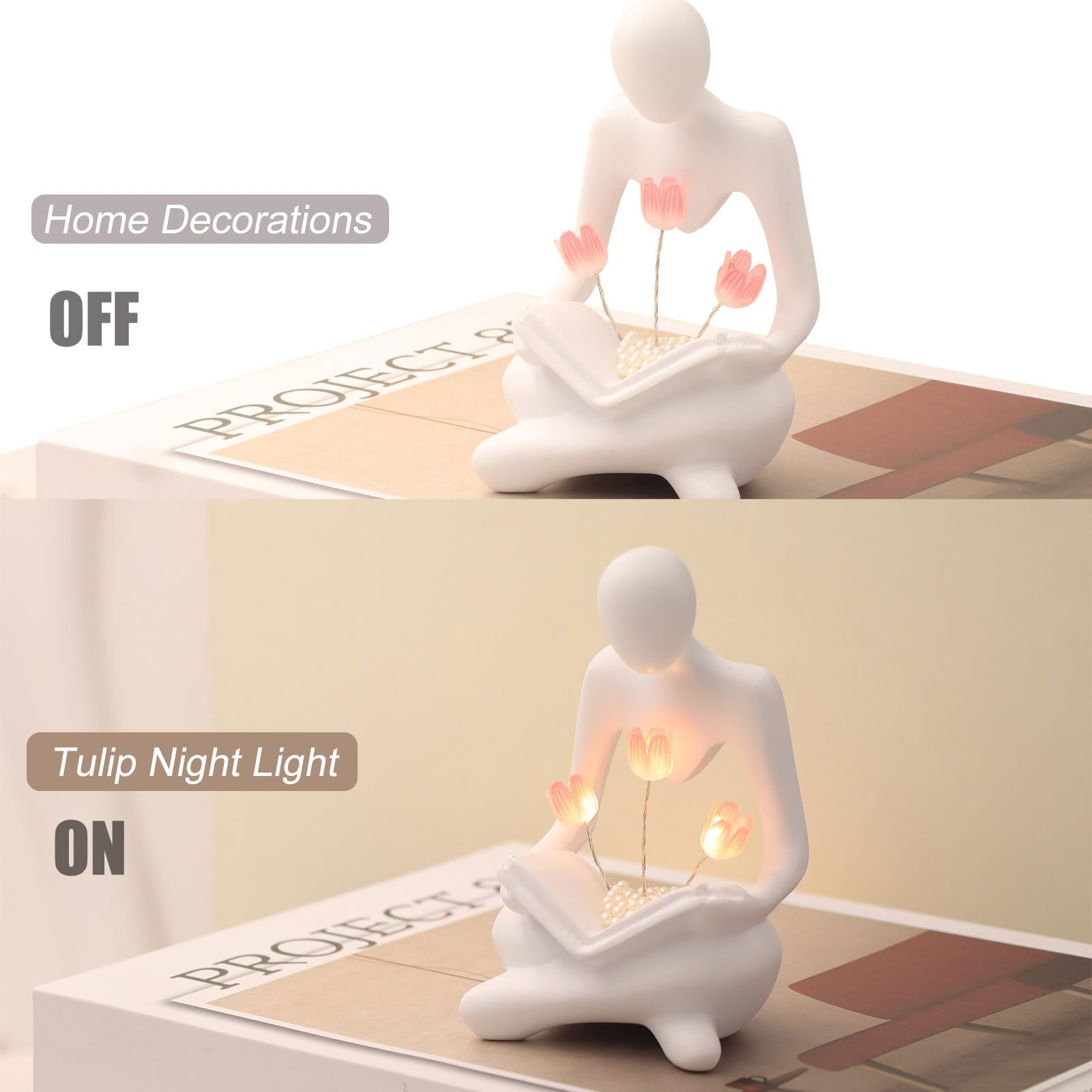 Itownkn Reading Sculptures Tulip Lamp Thinker Statue Figurine Battery Powered Night Light Modern Abstract Home Decoration  Living Room Bookshelf Office Shelves Desk Decor Aesthetic Gift