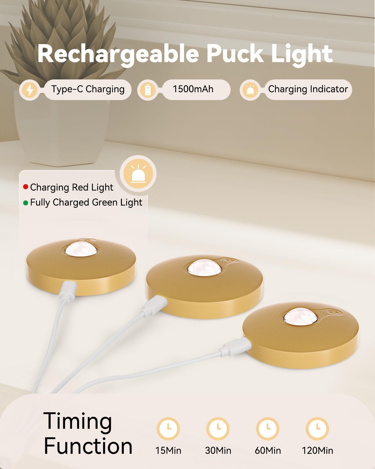 Aokpsrt Rechargeable RGB Puck Lights, Remote Control, Dimmable, 6 Packs, Gold, Battery Operated, Plastic