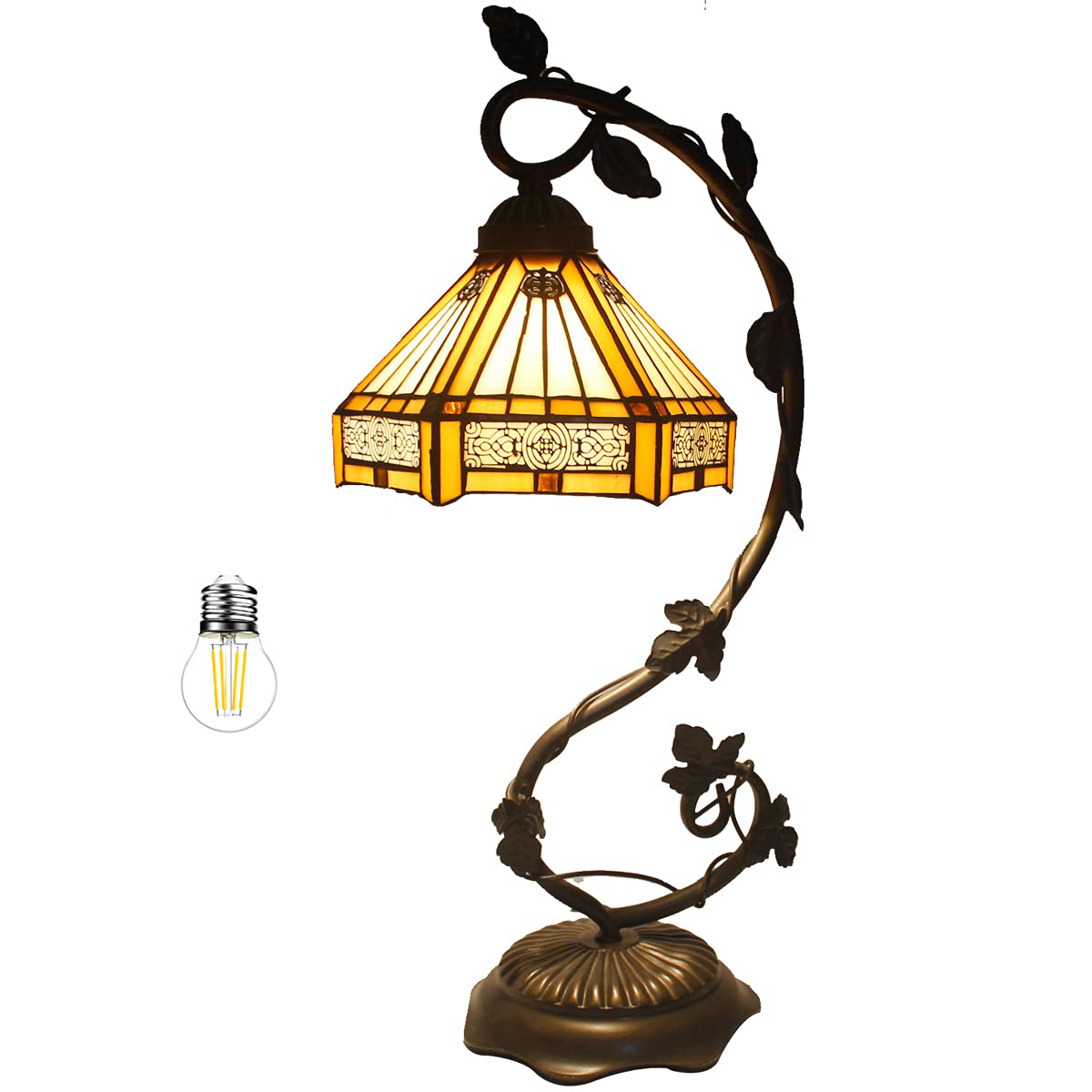 WERFACTORY Tiffany Lamp Stained Glass Table Lamp, Yellow Hexagon Mission, 8X10X21 Inches, Metal Leaf Base, S011 Series