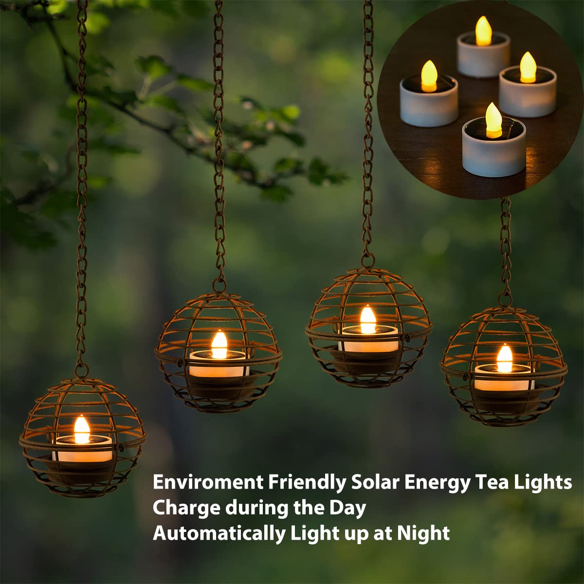 Twinkvilla Solar Hanging Lanterns, Waterproof Rust Iron Ball Candle Holders, Amber Tea Lights - 4 Pack