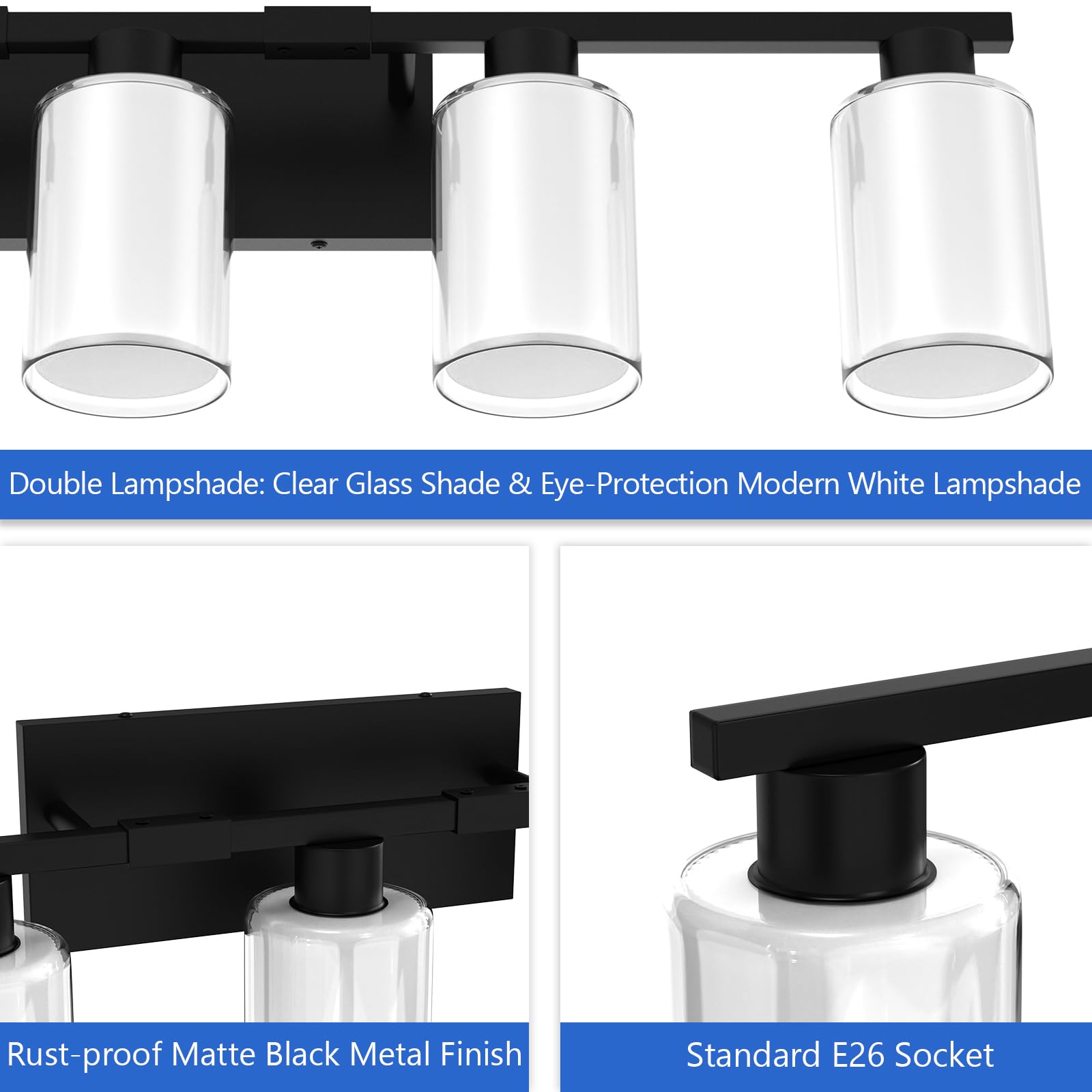 Zhizenl 5-Light Bathroom Vanity Fixtures, Matte Black with Frosted & Clear Glass, Modern Wall Sconces, Model B216-082-BK