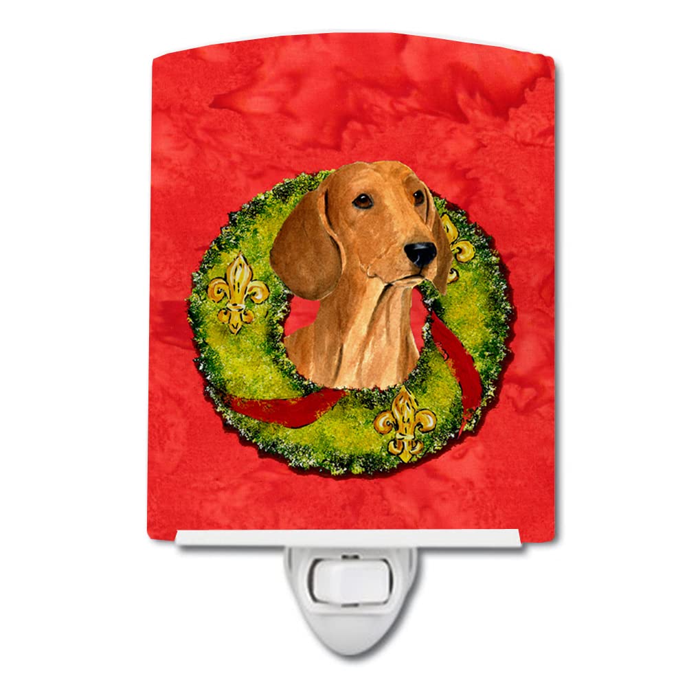 Caroline'S Treasures Ss4177Cnl Dachshund Cristmas Wreath Ceramic Night Light Compact, Ul-Certified, Ideal For Bedroom, Bathroom, Nursery, Hallway, Kitchen, 6X4X3, Multicolor