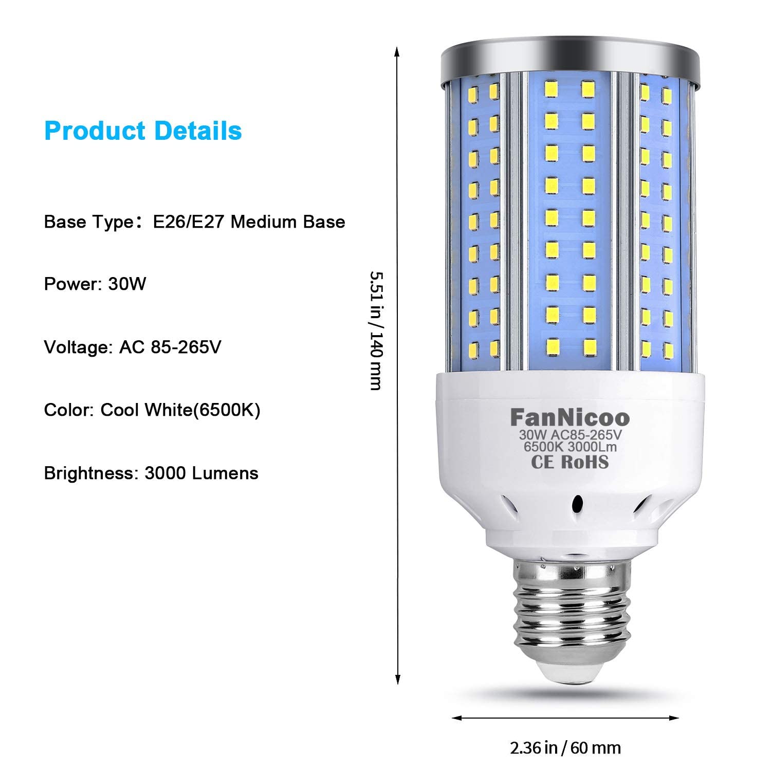 FanNicoo 2-Pack 30W LED Corn Light Bulb - 3000 Lumen, 6500K Cool White, E26/E27 Base, Ideal for Indoor/Outdoor Use