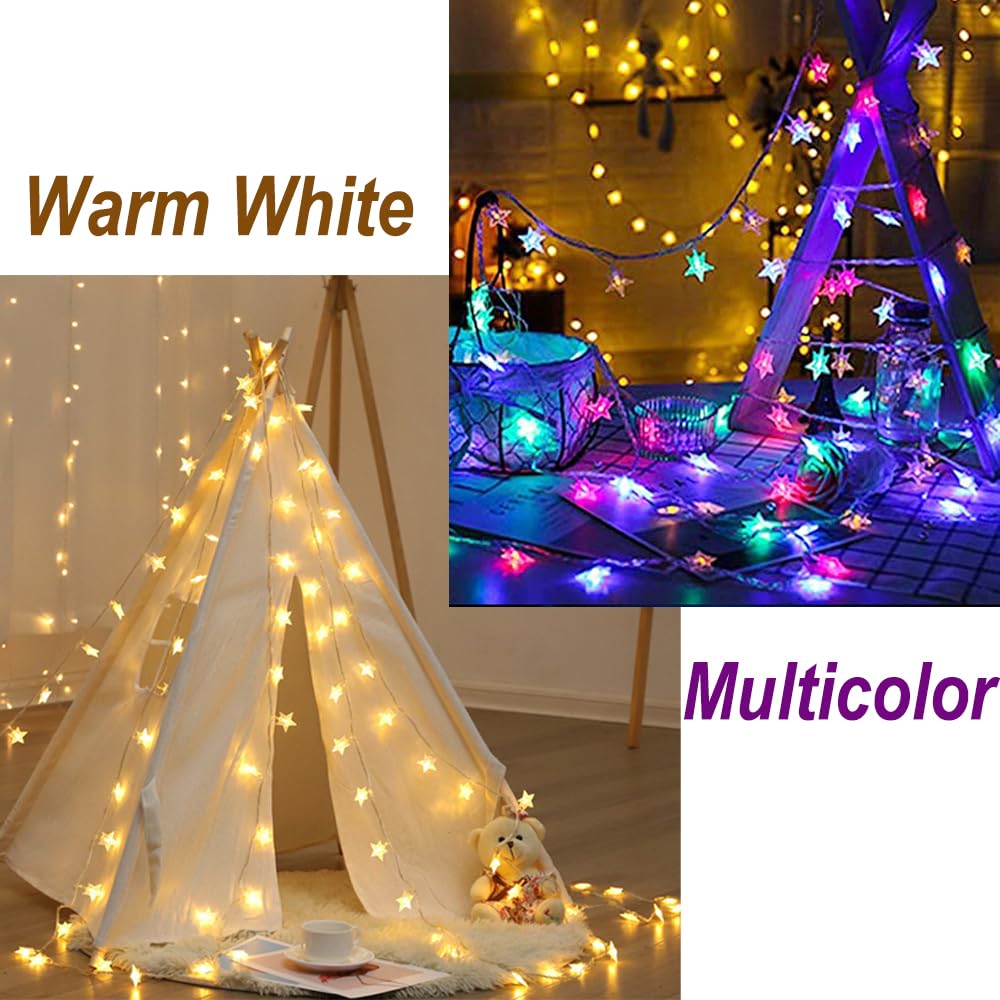 Solhice 40ft Star String Lights for Bedroom 120 LEDs, Warm White & Multicolor Color Changing Indoor Twinkle Lights with Remote,