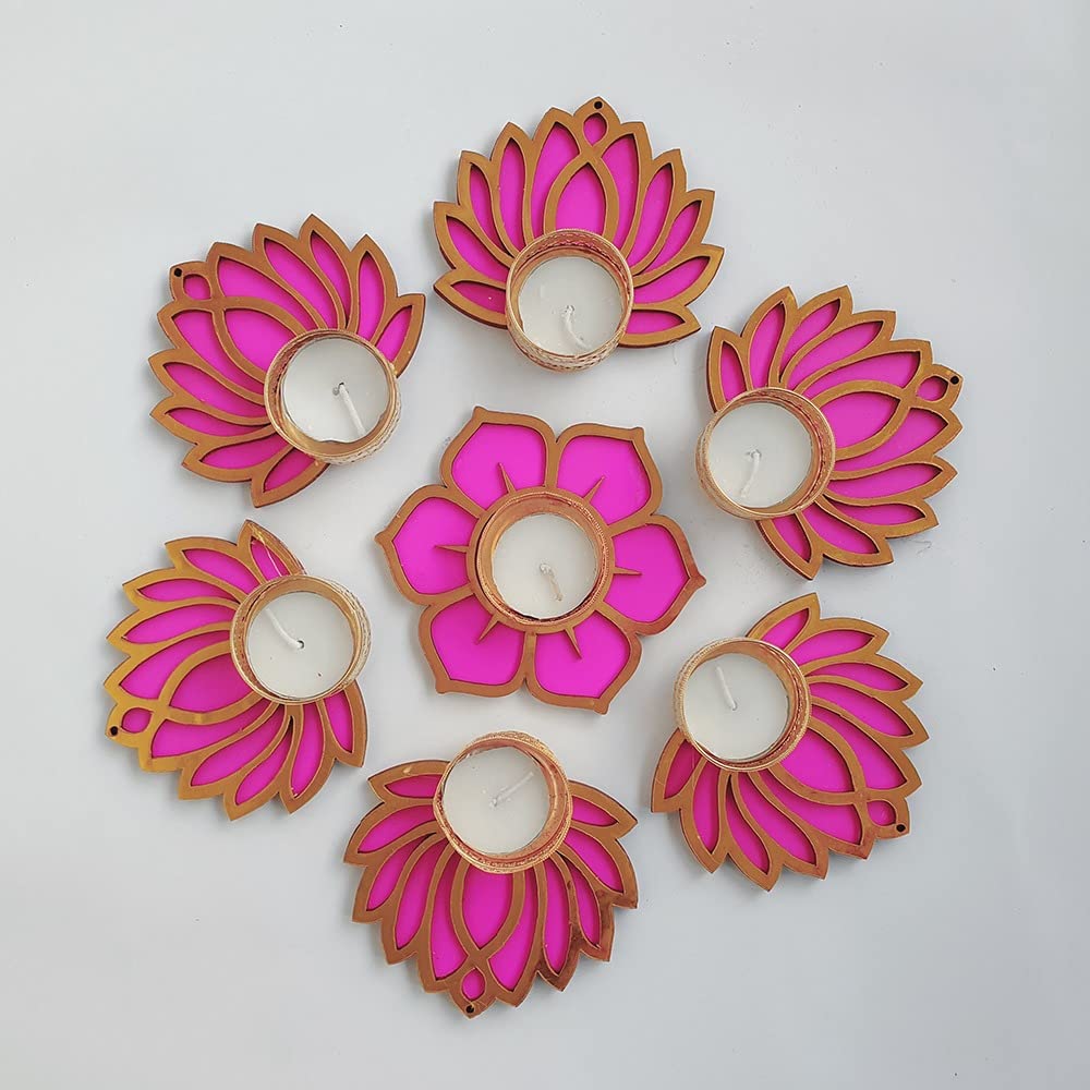 Gift Jaipur Handmade Pink Lotus and Flower Diya Rangoli Set of 7 Candles with Wax (4 Inch) | Deepak Diyas Home Temple Decoration