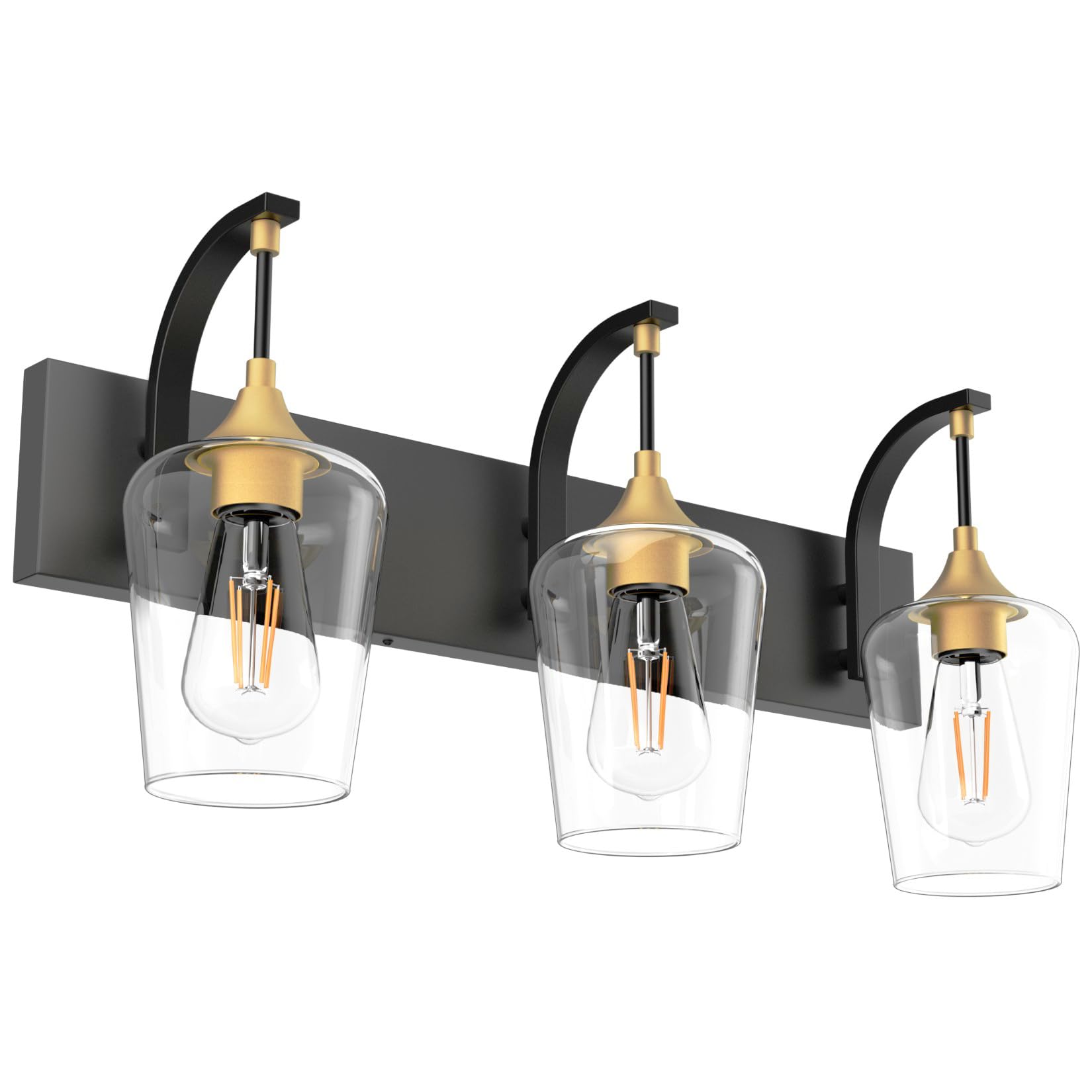 Ralbay Black/Gold Vanity Light Fixtures 3-Lights Industrial Black/Gold Bathroom Vanity Light With Clear Glass Vintage Edison Bathroom Wall Lighting Fixtures