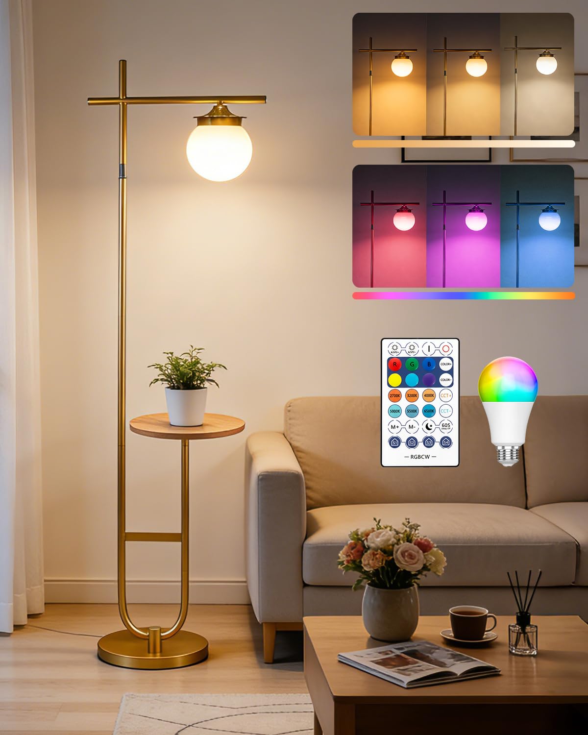 Lightdot RGBCW Floor Lamp for Living Room with Remote, Modern Standing Lamp with Storage Table, Cross-Shaped Lamp Head and U-Pol