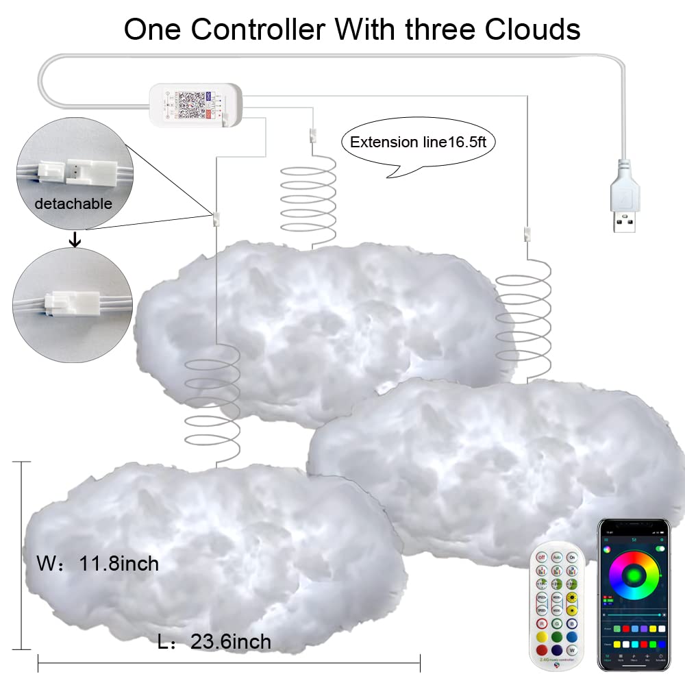 Zokon 3Pcs 3D Big Cloud Lightning Light Kit Music Sync Multicolor Lightning Changing Strip Lights 360 Degree Wireless Remote App