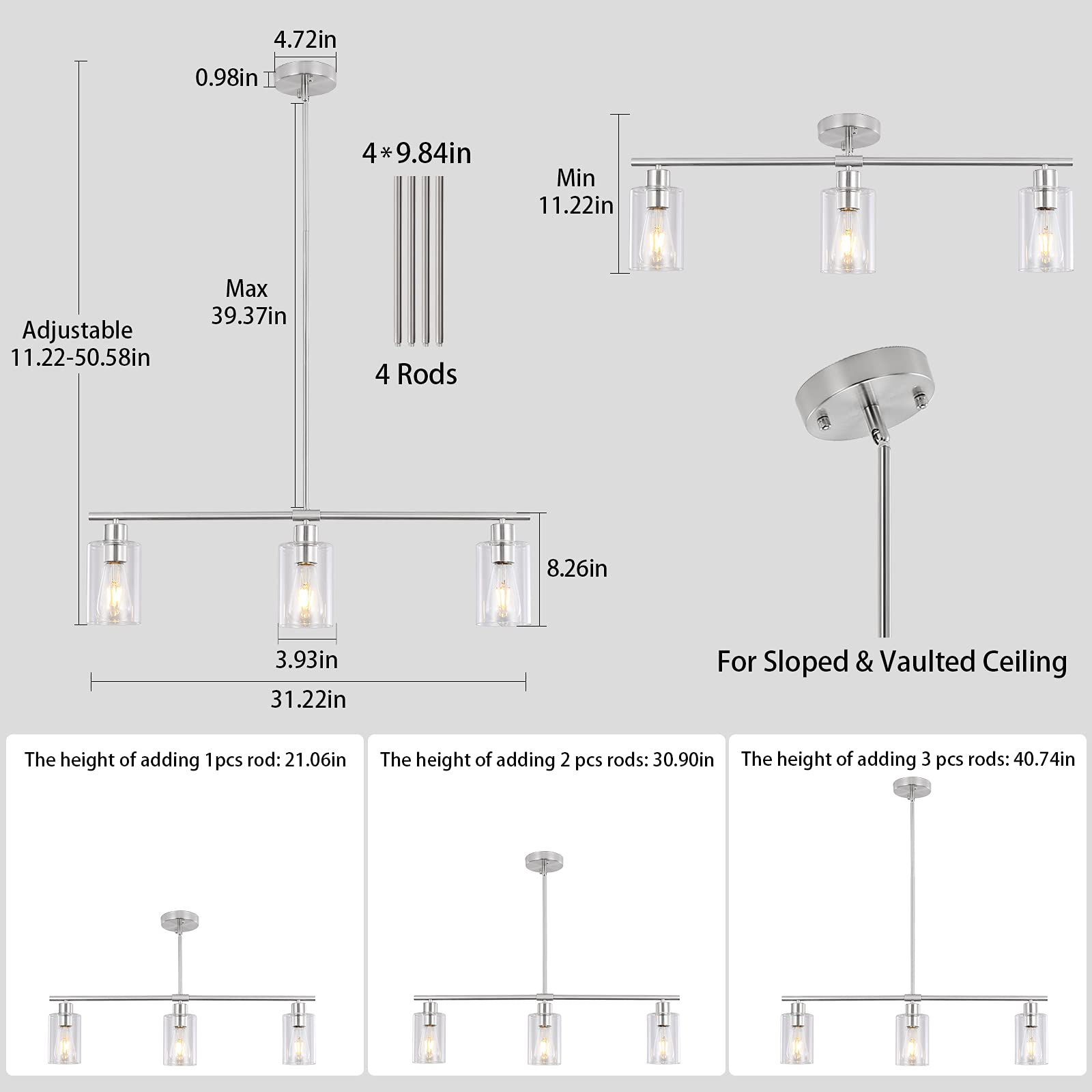 Mrhyswd 3 Lights Kitchen Island Lighting Brushed Nickel Pendant Light Fixtures With Glass Shade 31" Dining Room Chandeliers Adjustable Height Modern Linear Ceiling Hanging Light For Living Room, Foyer