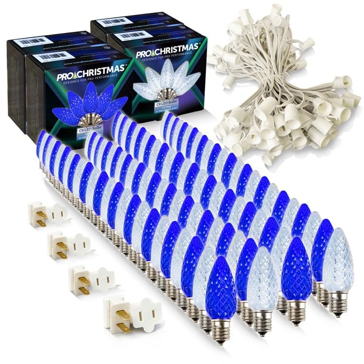 Pro Christmas C9 LED Christmas Light Kit for Rooflines & Pathways - DIY Cut to Length  Outdoor Commercial Grade (White Wire w/Vampire Plugs  100 Bulbs  100 ft) Pure White and Blue