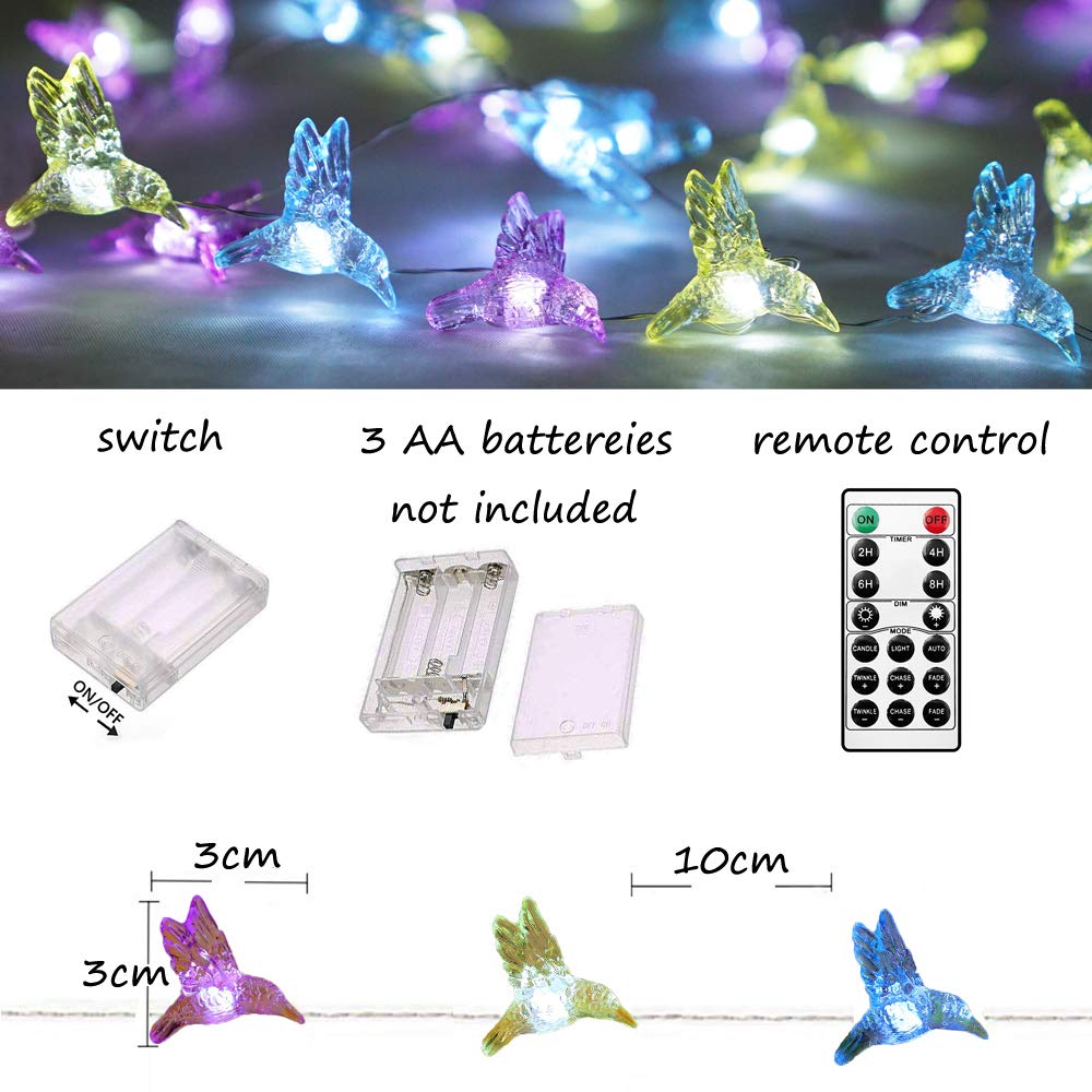 NiniTe Hummingbird Fairy Lights, 40 LED Waterproof String Light, Battery Operated, 8 Modes Remote Control for Indoor/Outdoor Use