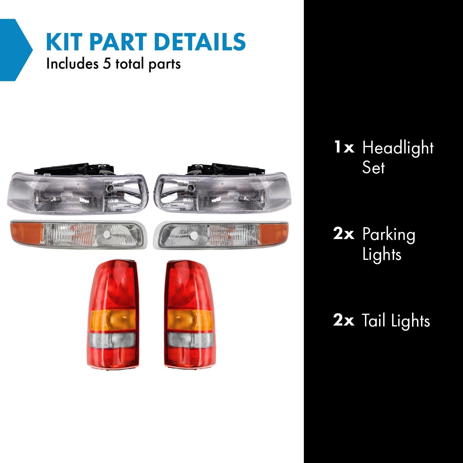 TRQ 6-Piece Headlight & Tail Light Assembly Set for 1999-2002 Chevy Silverado 1500/2500, Model LKA56016, Compatible with Fleetside Bed