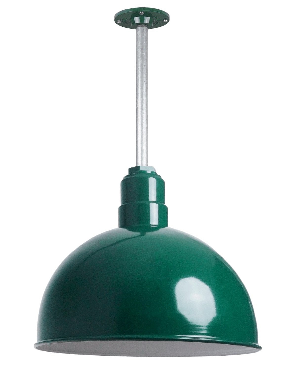 Steel Lighting Co. Rose Bowl Pendant Light - 15in Dome, 12in Stem, Heavy Duty Alloy Steel, Green Exterior/White Interior