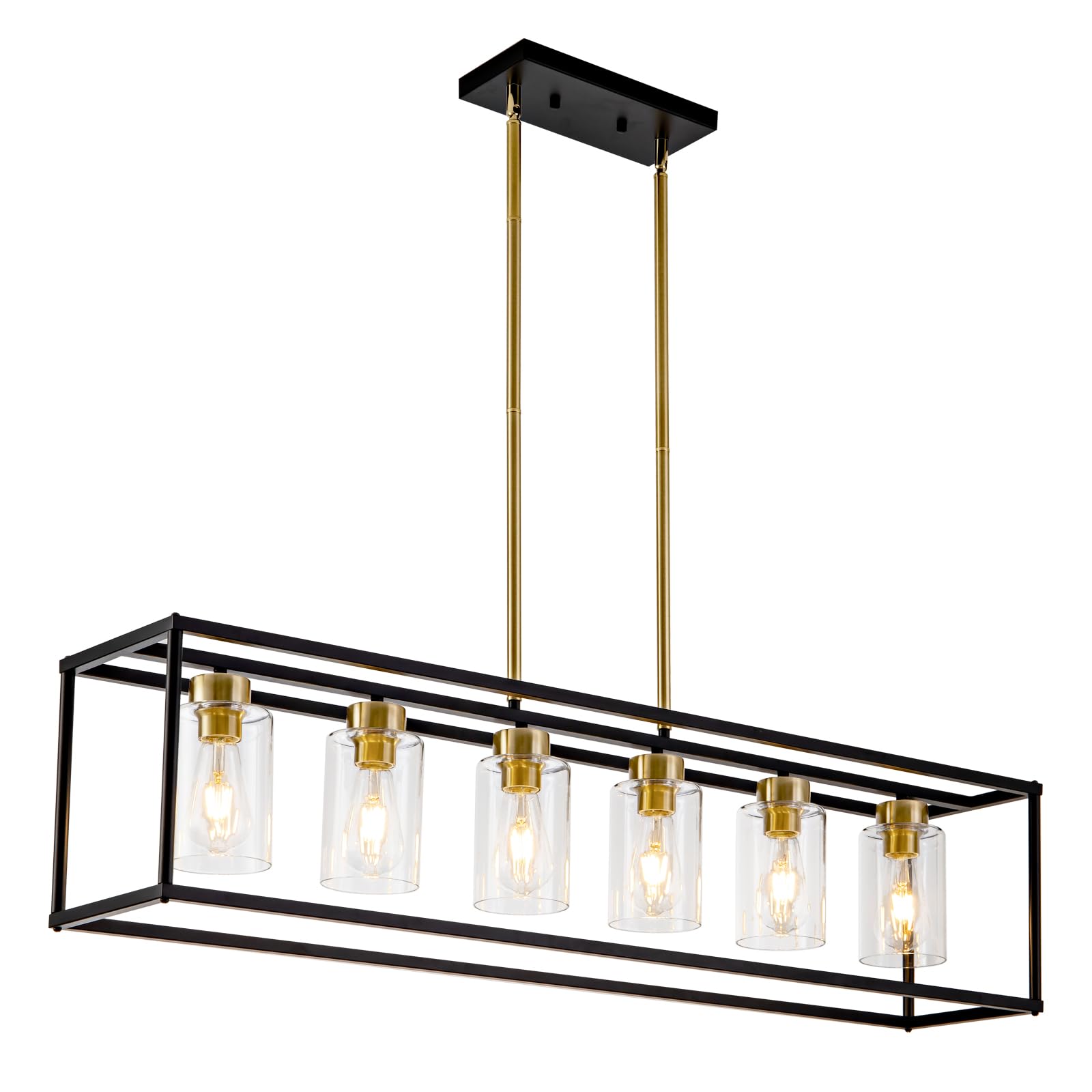 Hccz 6-Light Modern Chandelier, Black & Brushed Brass, Glass Shade For Dining Room & Kitchen