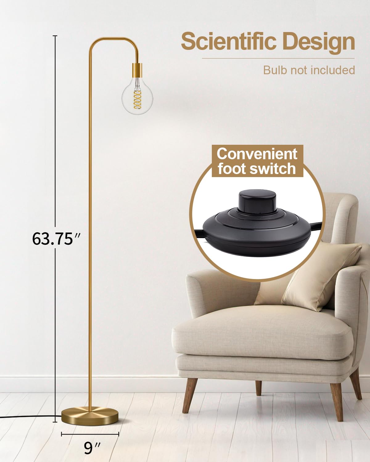 Oneach Industrial Floor Lamp - 63.75'' Antique Brass Gold, Minimalist Design for Living Room, Bedroom, Office - Model AMZ-F2016-GL