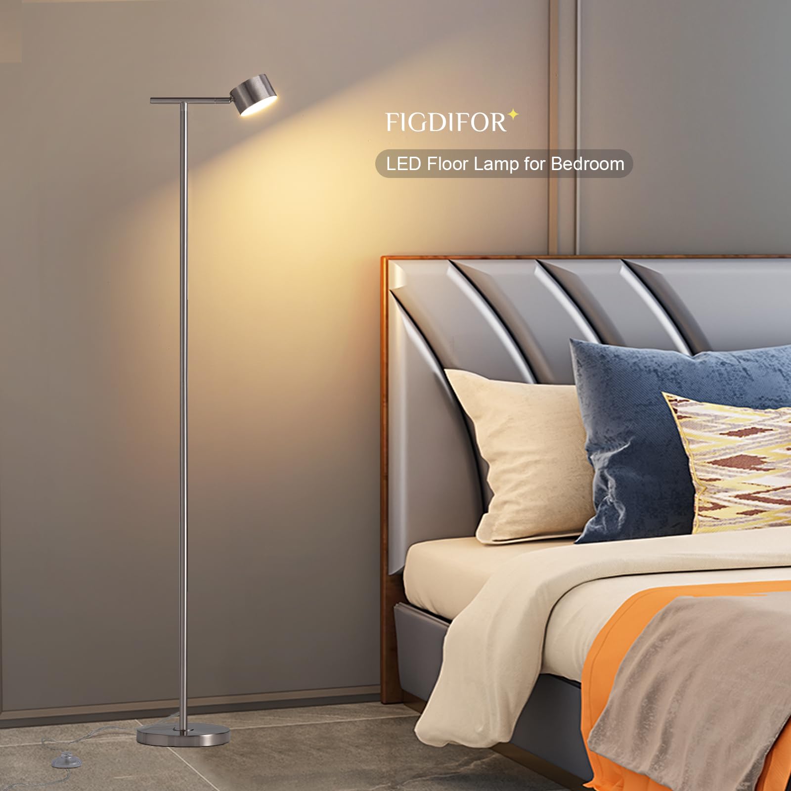 Figdifor Silver Floor Lamp, 3 Color Temperatures, Modern Reading & Working Light, Flexible Design