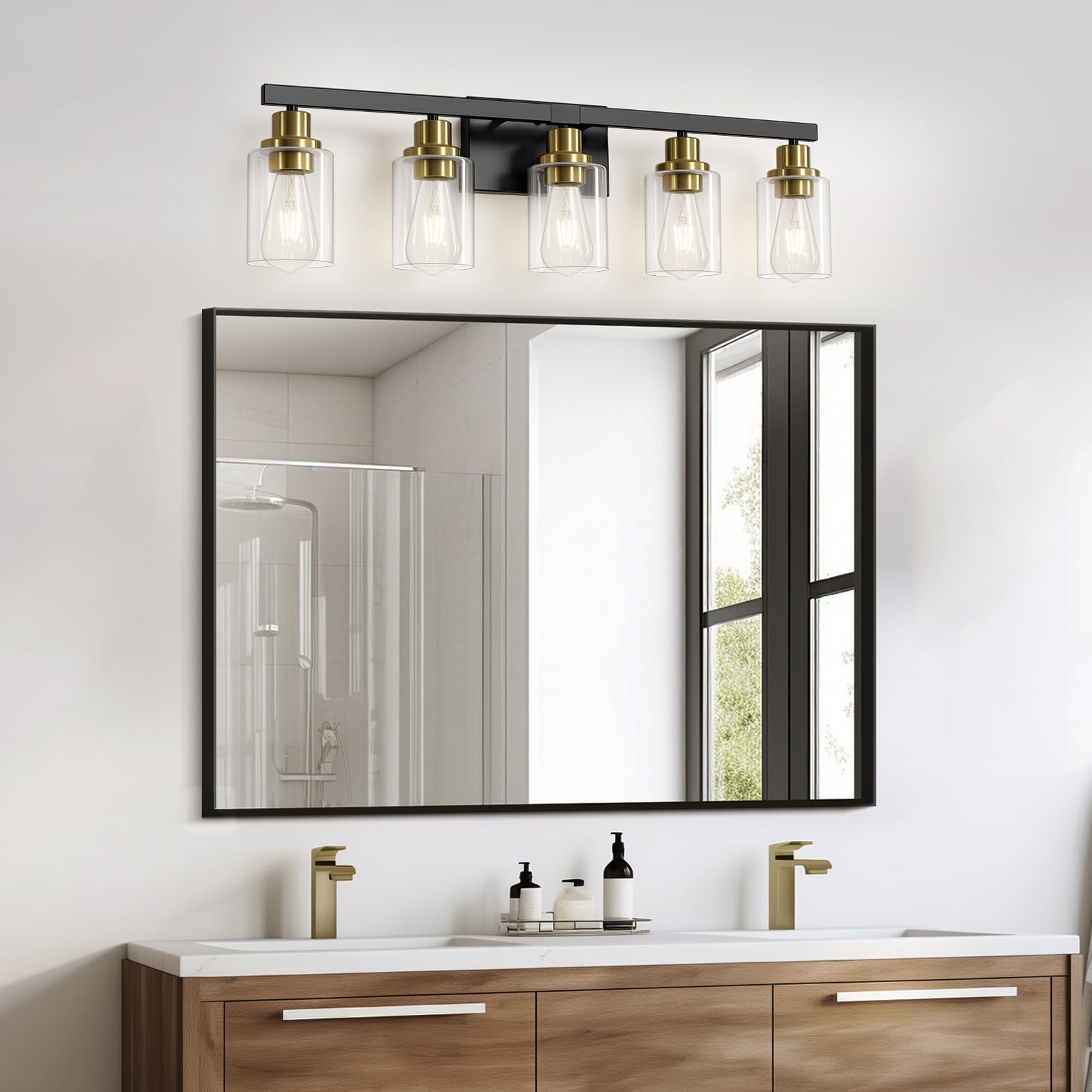DIKAIDA 5-Light Black & Gold Bathroom Vanity Light Fixture, Modern Metal Design with Clear Glass Shade, Model BLBD-G-5, 30" Wide