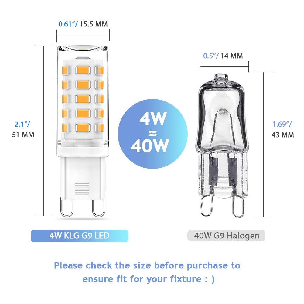 Klg G9 Led Light Bulb 4W 40W G9 Halogen Replacement,G9 Bi Pin Base Bulbs,G9 Led Bulbs Warm White 3000K 400Lm Ac120V,360 Beam Ang