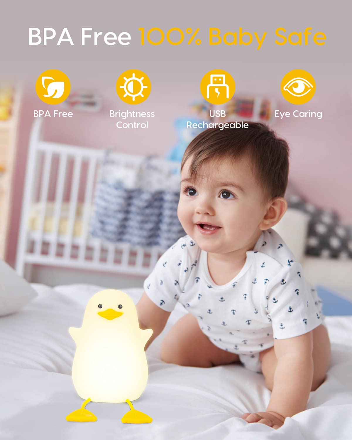 Amaredom Led Night Light For Kids, Rechargeable Duck Shape, Color Changing & Dimming Function