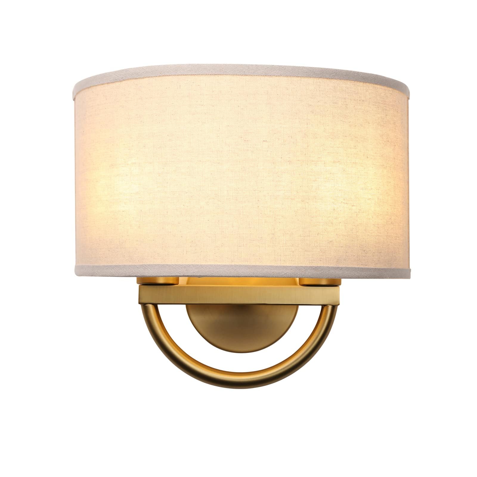 JIMUBEAM Industrial Wall Sconce, 2-Lights, Linen Fabric Shade, Brass Finish, Model JMUS829DM2