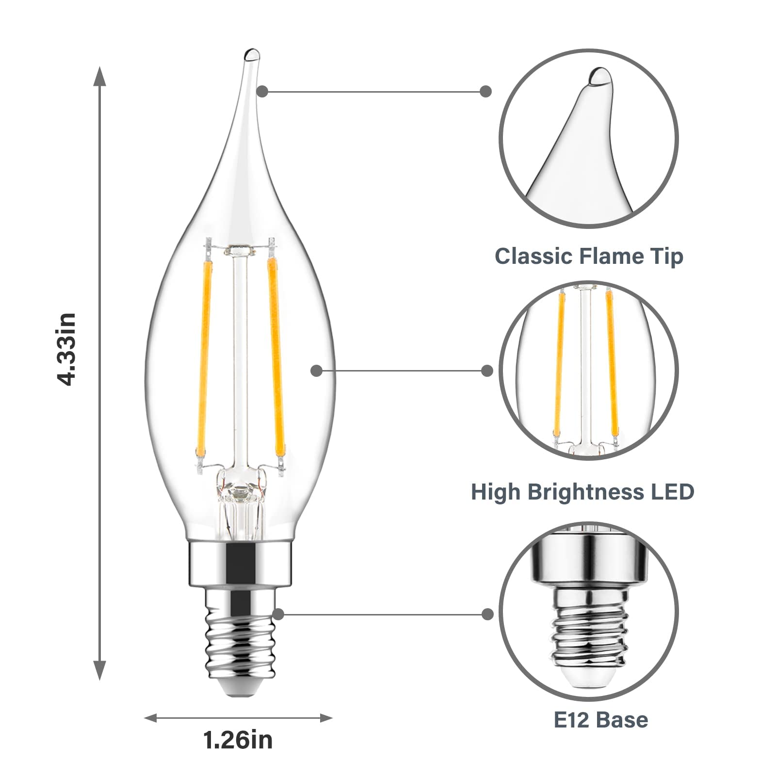 Sengled E12 Dimmable Led Bulbs, 60W Equivalent, 12 Pack, Ca10 Flame Tip, 5000K Daylight, Glass, Ideal For Chandeliers & Ceiling