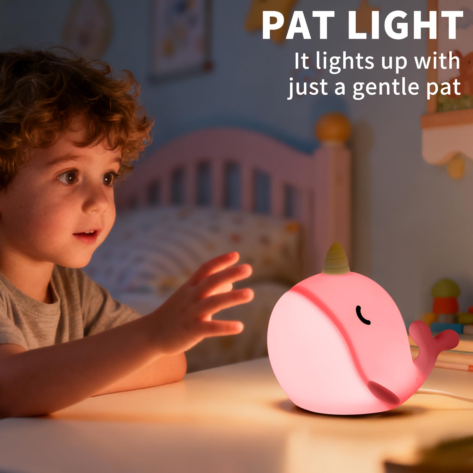 Hpydiy Cute Narwhal Night Light  Tap Control With 3 Warm White Brightness  Usb Kids Bed Lamp With 30-Minute Timer  Soft Silicone Glow For Nursery  Birthday Gift(Pink Narwhal)