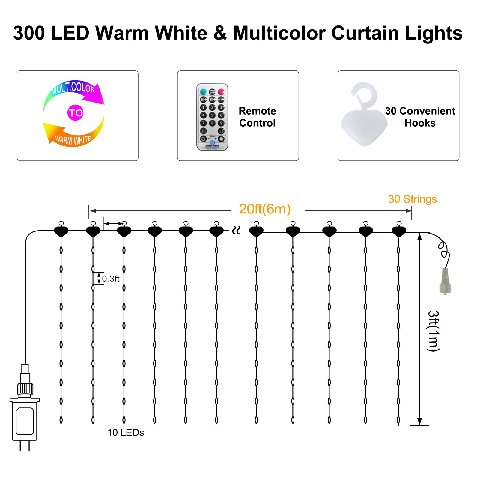 ZAIYW Outdoor Curtain Lights, 300 LED Color Changing, 20Ft x 3Ft, Waterproof String Lights for Stair Railing & Eaves Decor