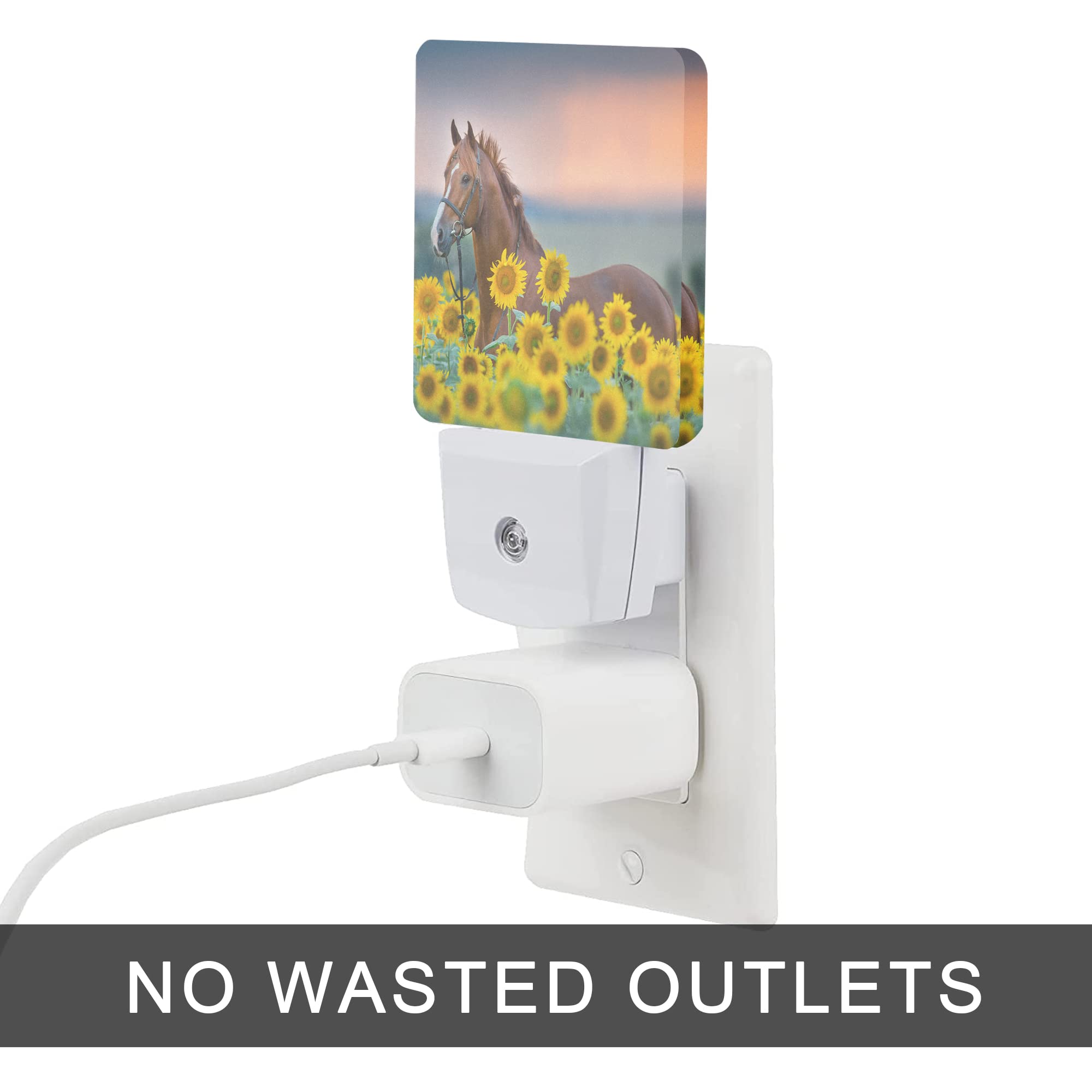 Oeaskly Night Light, Plug-in Dusk-to-Dawn Sensor, Sunflower Horse Design, 0.5W for Bedroom, Bathroom, Living Room, Model SBD04
