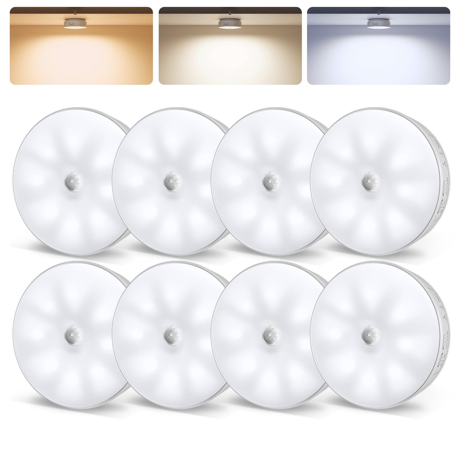 EZVALO 8 Pack Motion Sensor Closet Lights  1200mAh Rechargeable Under Cabinet Lights  Night Lights  Puck Lights  Dimmable  3 Color Temps  Magnetic  Stick on for Kitchen  Stairs  Closet