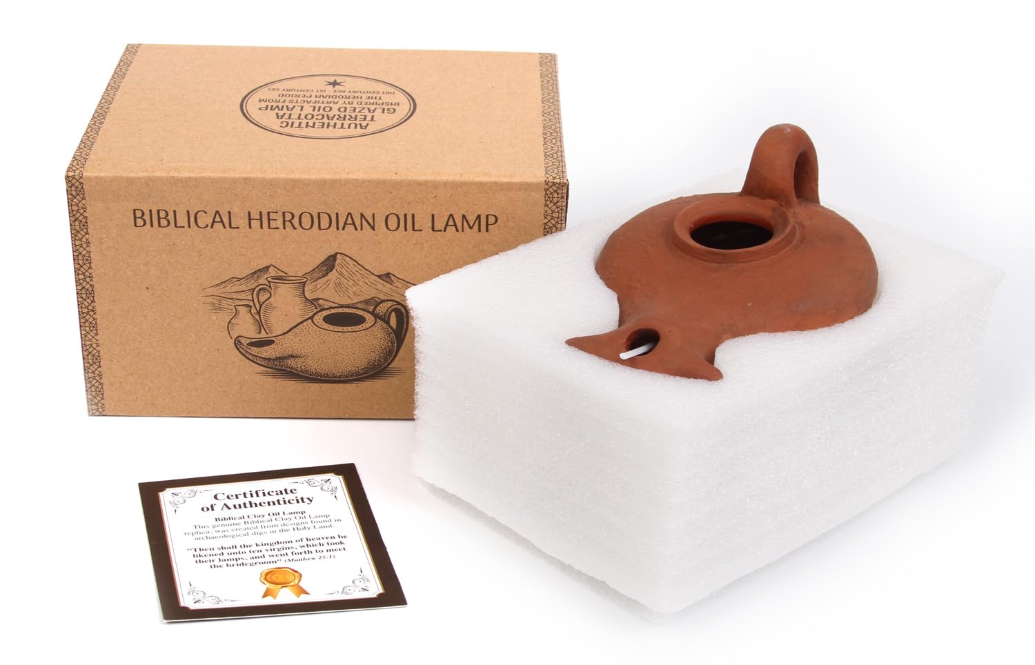 THE JERUSALEM GIFT SHOP Terracotta Clay Oil Lamp in Gift Box - Model JBM10089 - Authentic Replica for Hanukkah & Christian Gifts