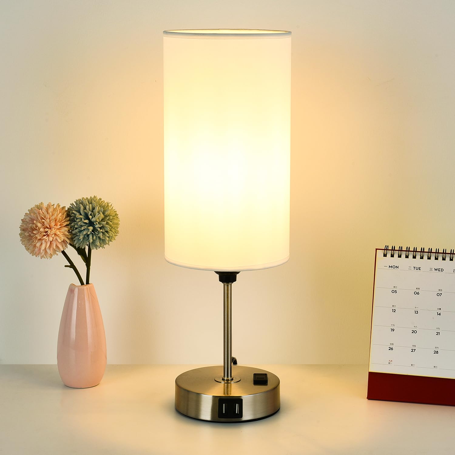 Woderdeng Touch Control Table Lamp - 3-Way Dimmable Bedside Lamps with USB Port and Outlet,Nightstand Lamp for Bedroom Decor,Bru