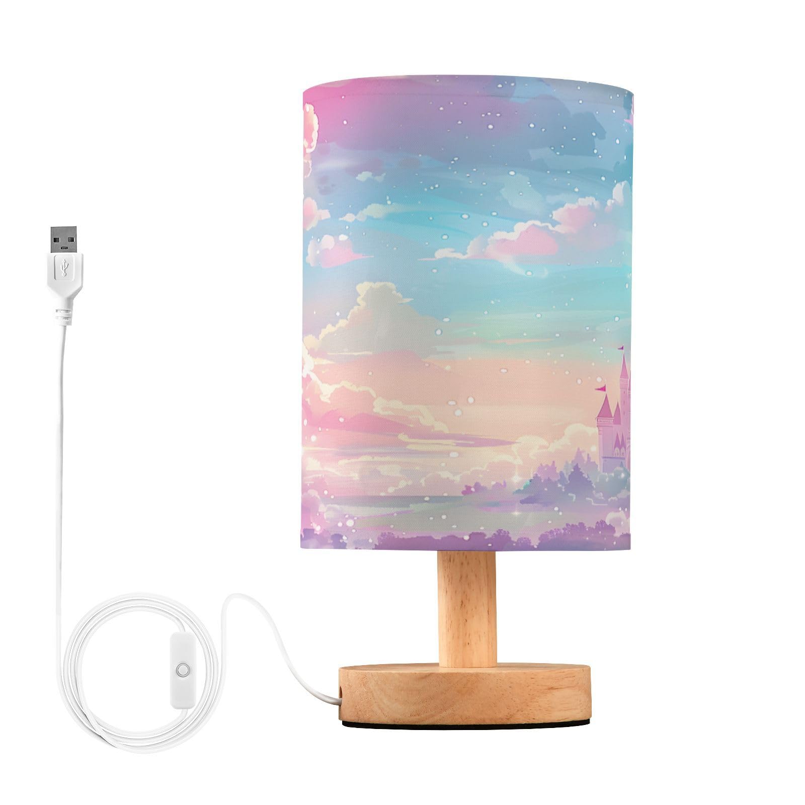 BOENLE Bedside Lamp Princess Castle Pink Sky Table Lamp for Bedroom LED Nightstand Lamp Shade USB Ports Wood Base for Living Roo