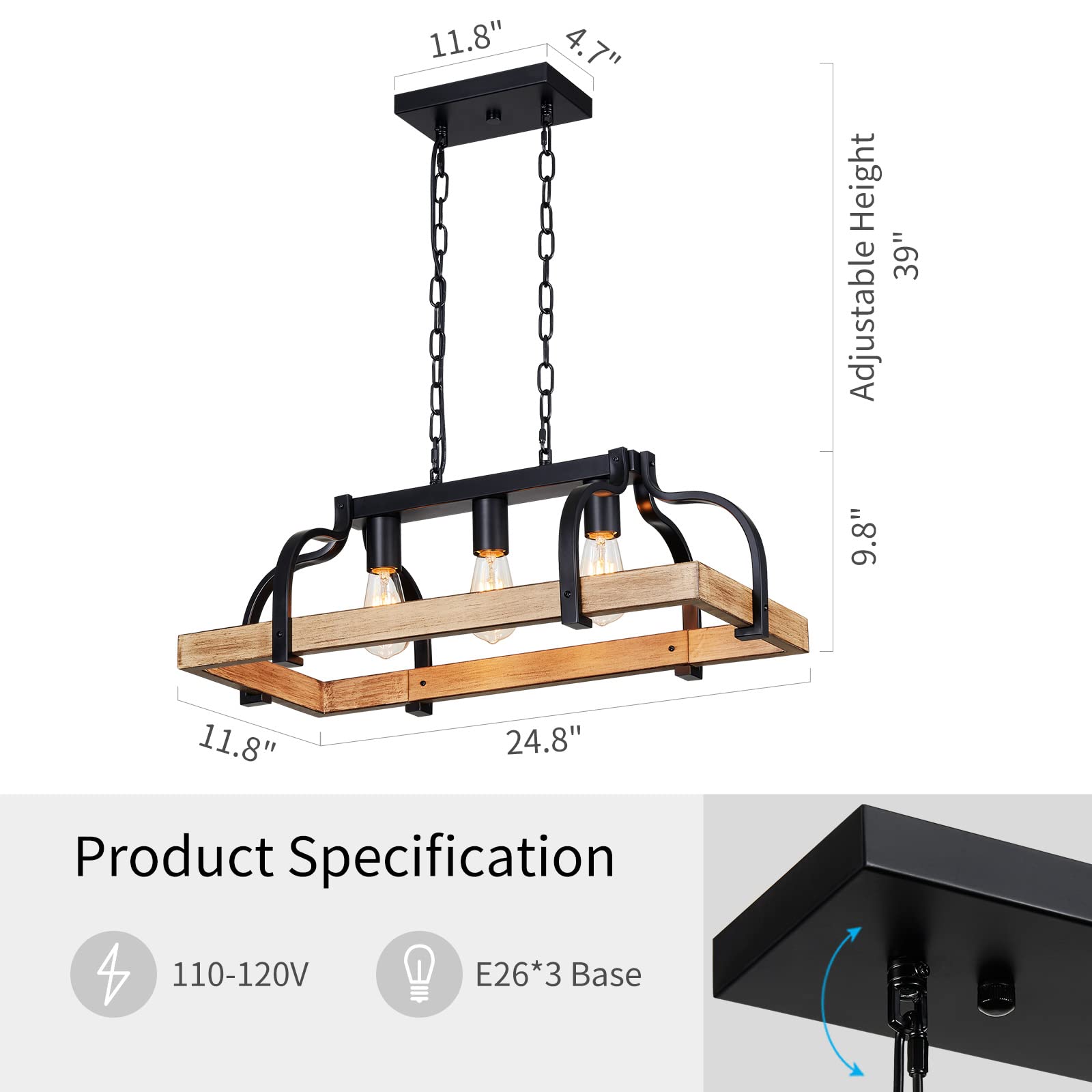 WUZUPS 3-Light Metal Pot Hanging Rack Chandelier, Rustic Farmhouse Pendant Light, 24.8" L, Imitation Light Wood Grain & Black Finish