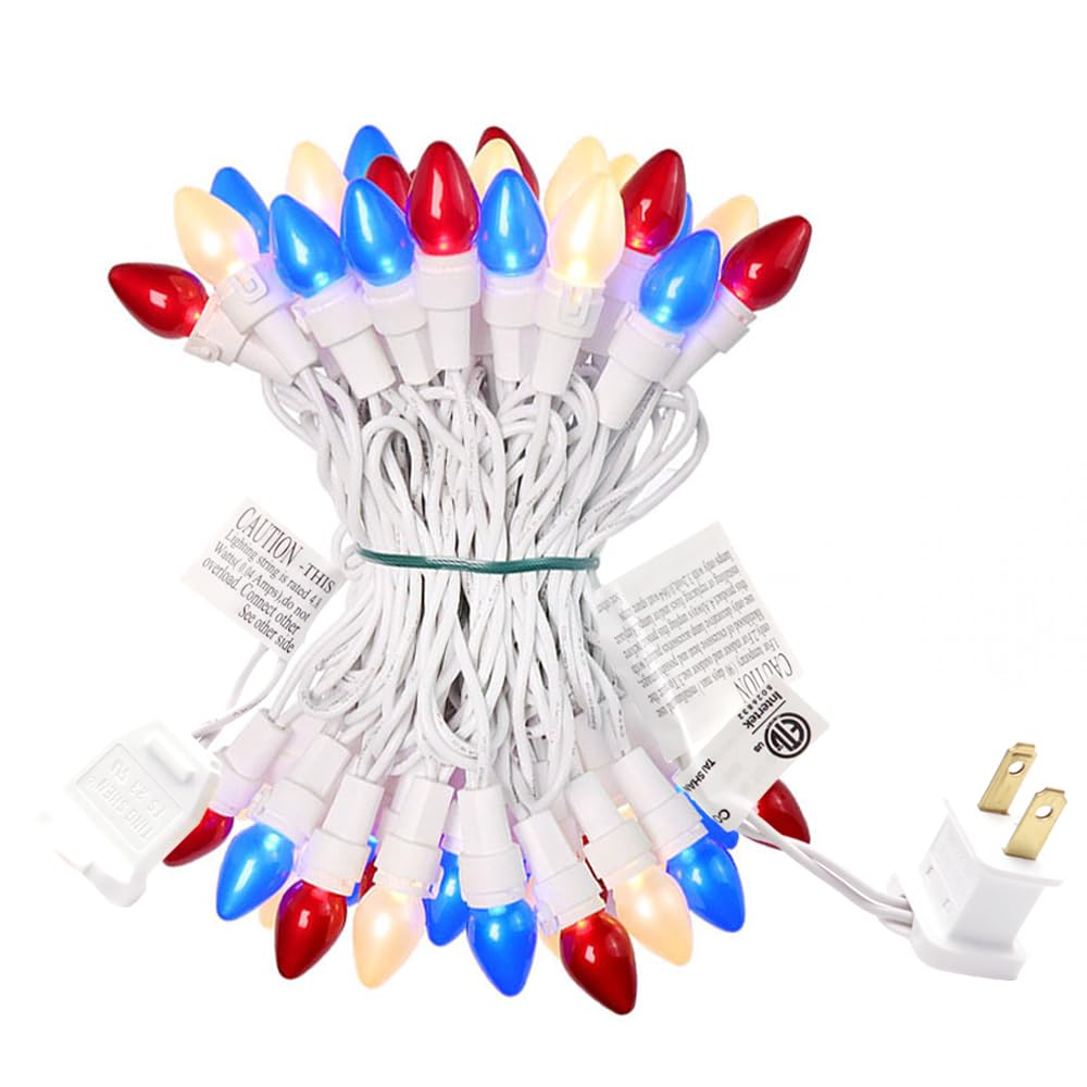 4th of July Decoration Patriotic LED C3 Glass Mini Lights 50 Count Red White Blue Plug in String Lights 120V ETL Cerfified Plug 