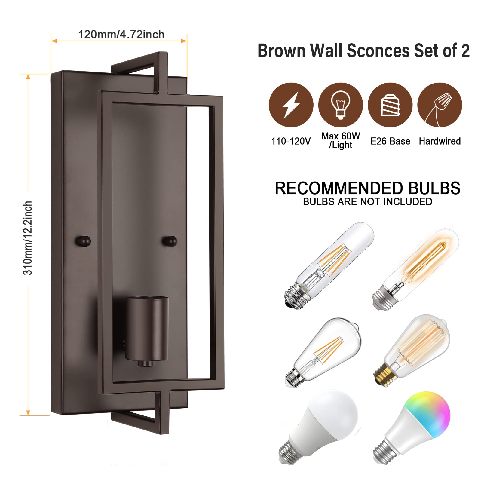 Maylaywood Industrial Wall Sconces Set Of 2, Vintage Brown Wall Light Fixture E26 Base, Metal Rustic Wall Mount Lamp, Modern Ind