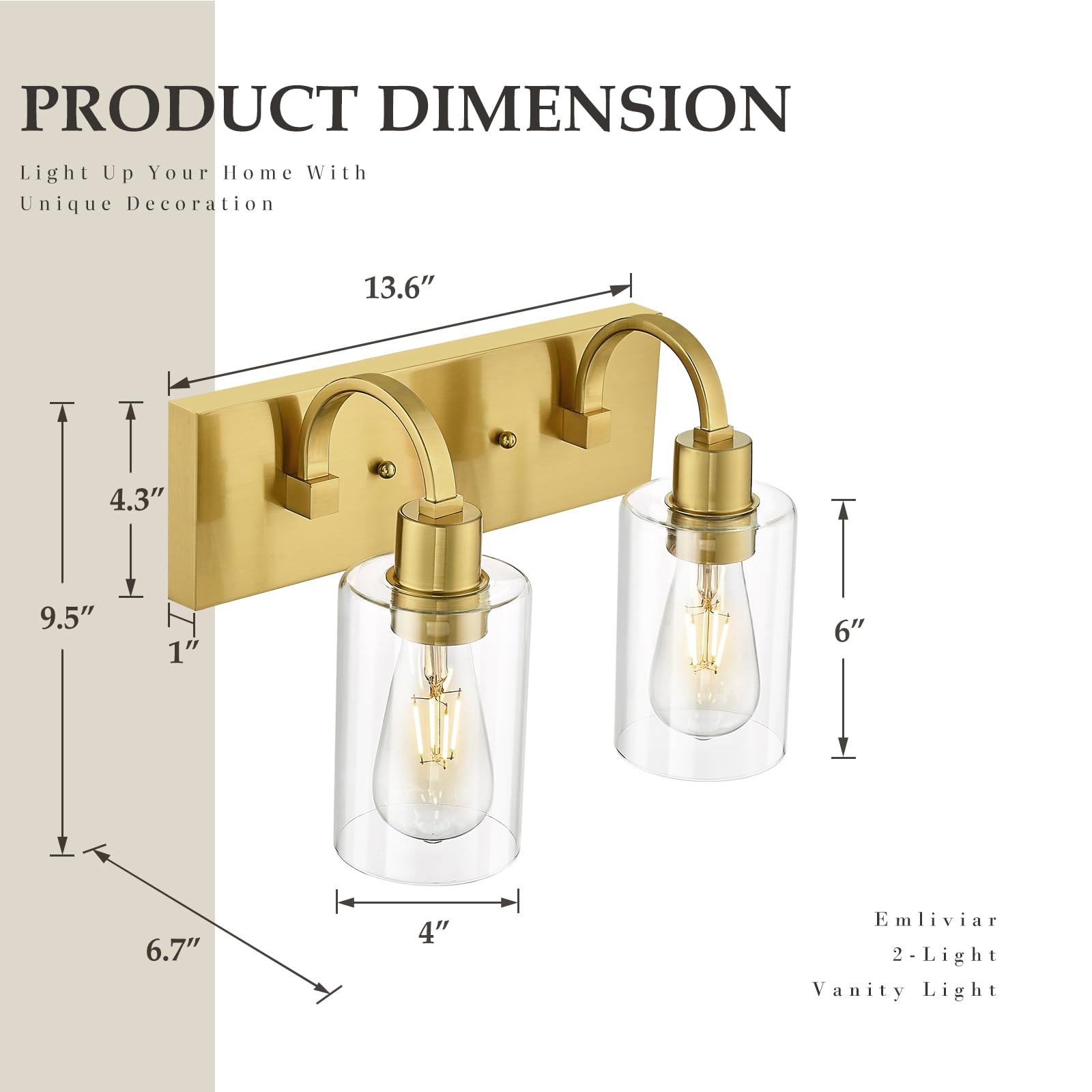 Emliviar 2-Light Brushed Gold Vanity Light  Modern Farmhouse Bathroom Light Fixture  Indoor Wall Sconce Lighting For Bedroom Entryway  Yce237B-2W Bg