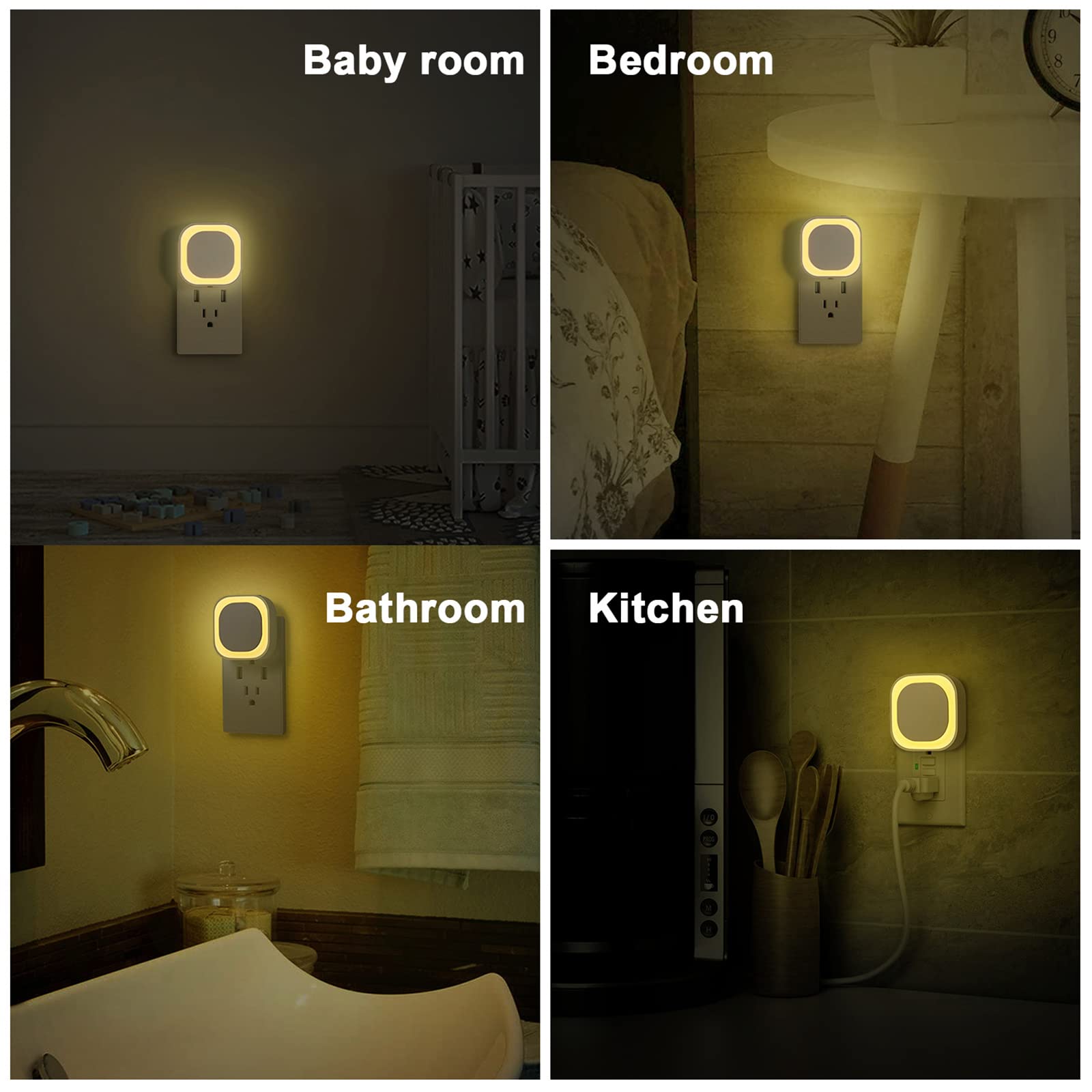 Yunlex 4 Pack Plug In Dimmable Night Lights, Soft Warm White, Auto Dusk To Dawn Sensor, Square Nightlights For Bathroom, Hallway
