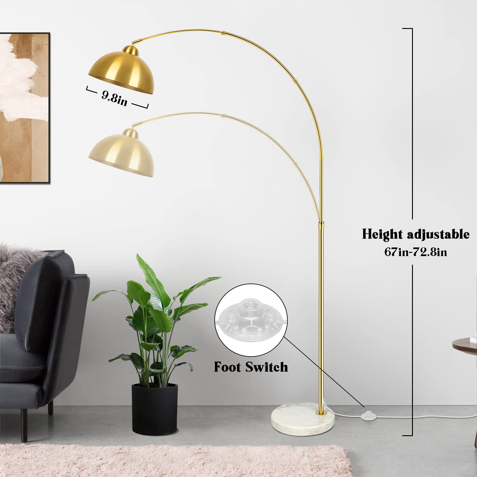 Gobright Contemporary Gold Arc Floor Lamp - Adjustable Dome Shade & Marble Base For Living Room