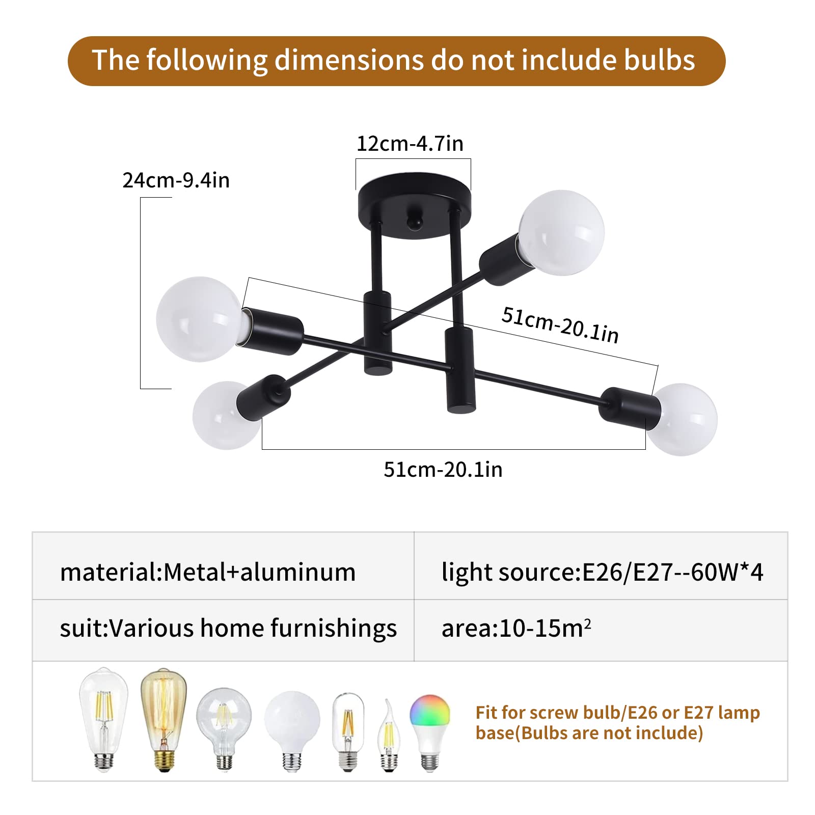 Garwarm Black Semi Flush Mount Ceiling Light Fixture, 4-Light Modern Industrial Sputnik Chandelier Light Fixture, Flush Mount Ce
