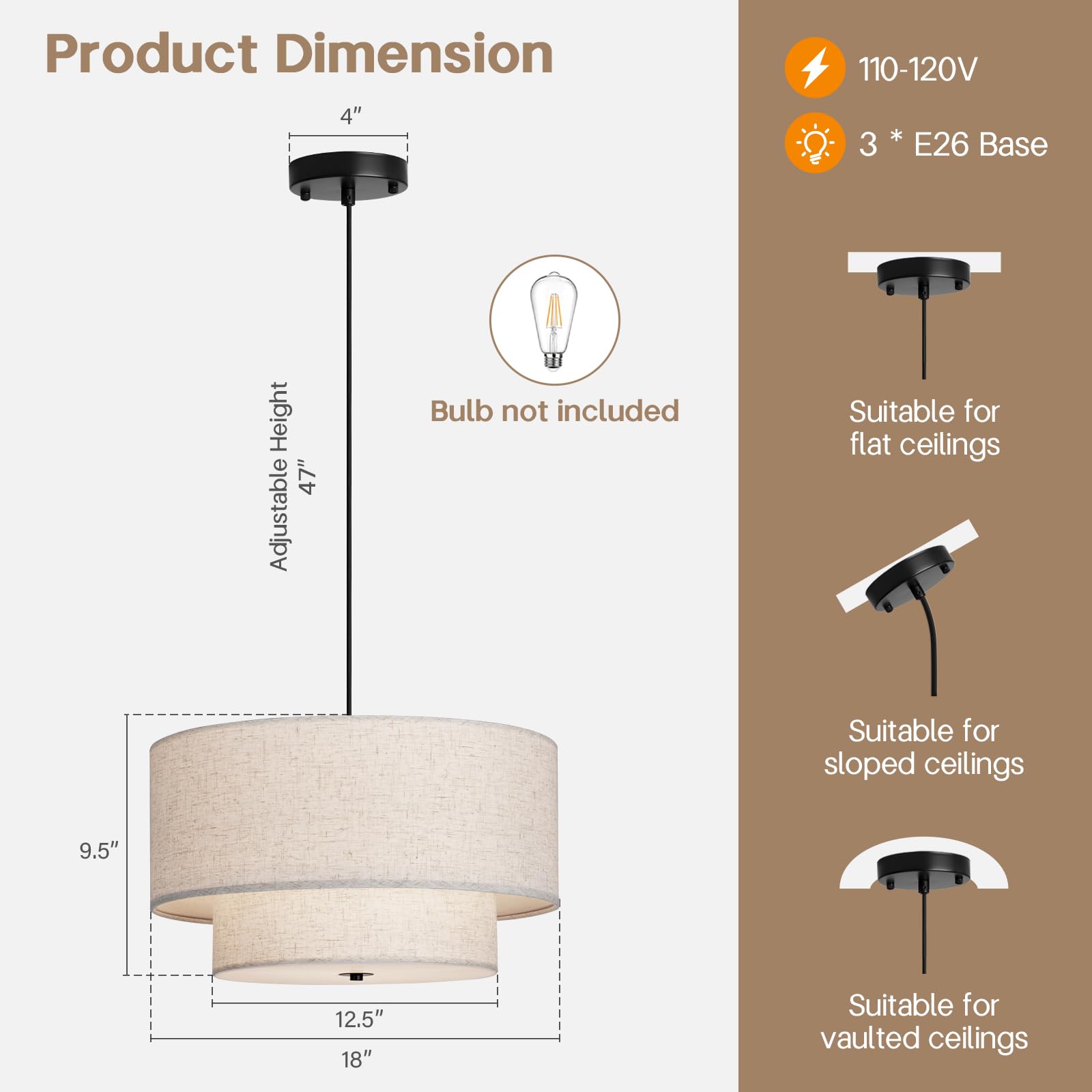HILUXIA 18" Double Drum Fabric Pendant Light Chandelier - Taupe, Large Hanging Fixture for Dining Room, Living Room, Bedroom, Kitchen