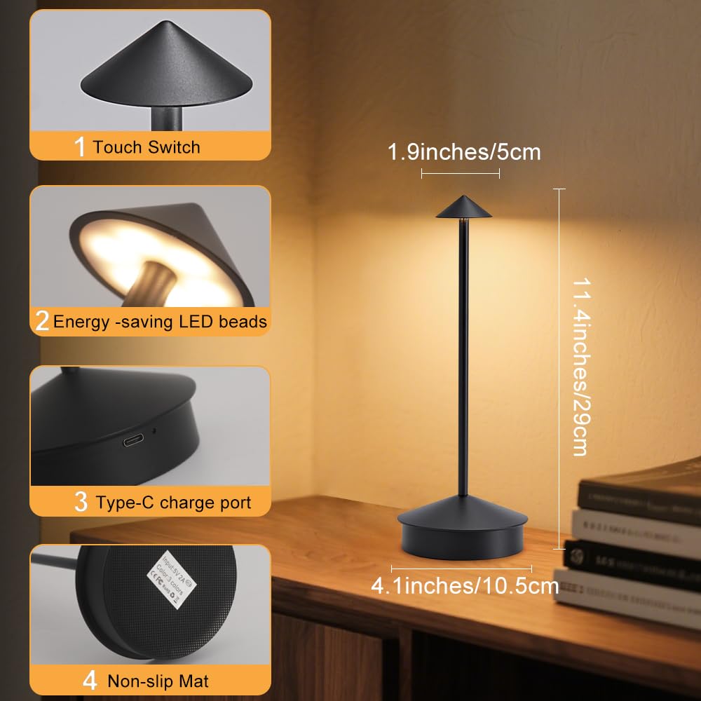 Simisand Rechargeable Cordless Table Lamp Set of 2, 6000mAh, Portable LED Touch Lamp, Black, Model 1809