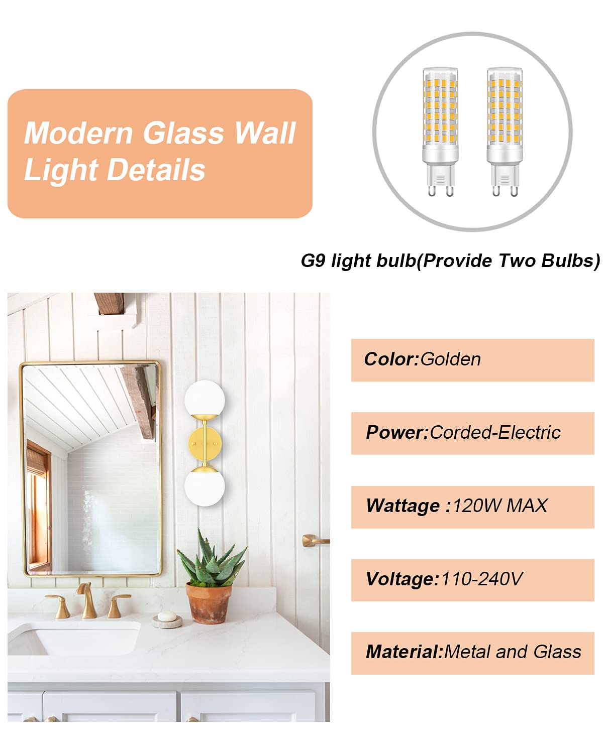 Tipace Gold Wall Sconce 2 Lights,Modern Globe Wall Light, Mid Century Golden Globe Wall Sconce 2-Light For Restaurant Living Roo