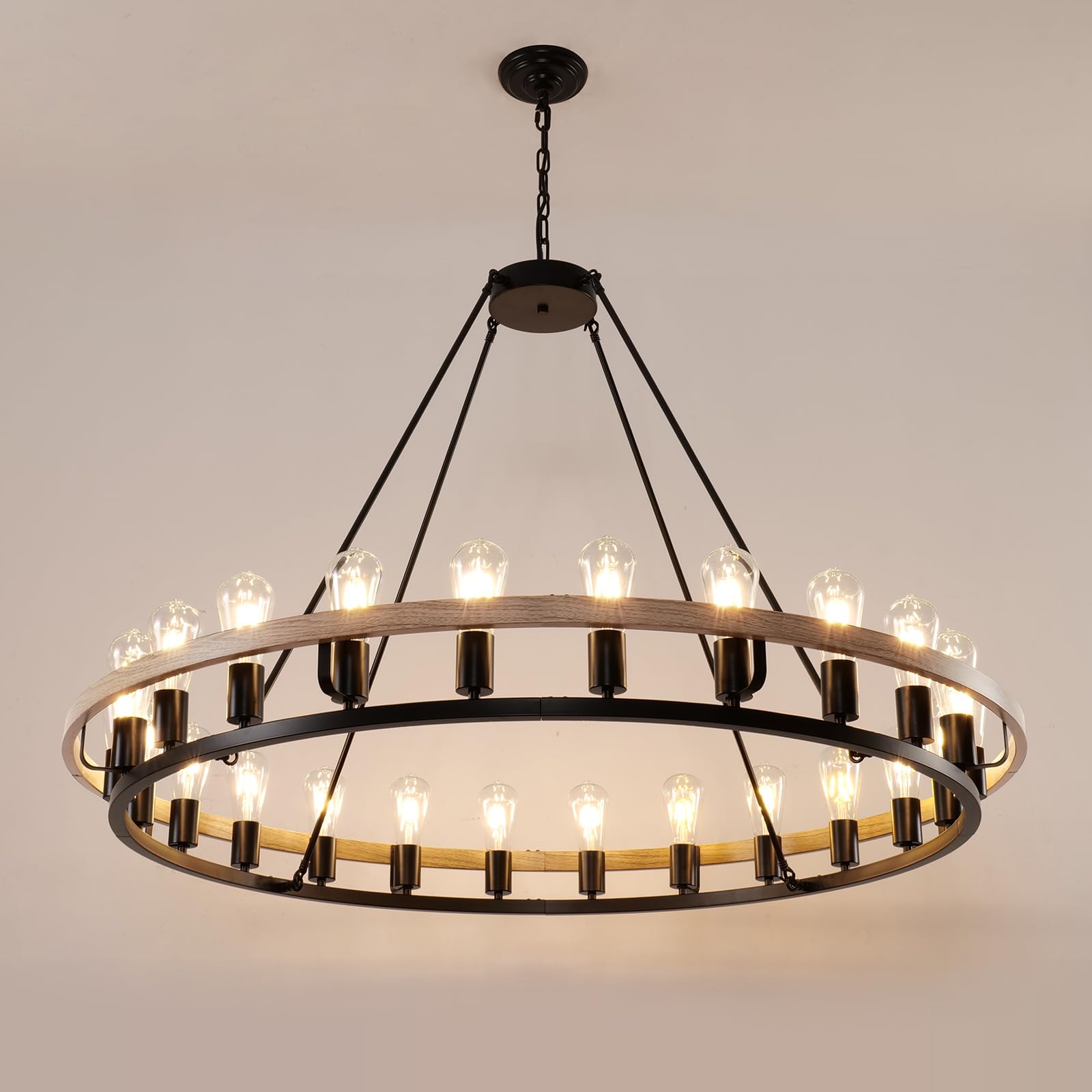 Wogon Weel Wagon Wheel Chandelier 48-Inch 24-Light, Black And Oak Wood Tone Finish Round Rustic Farmhouse Chandelier Extra Large