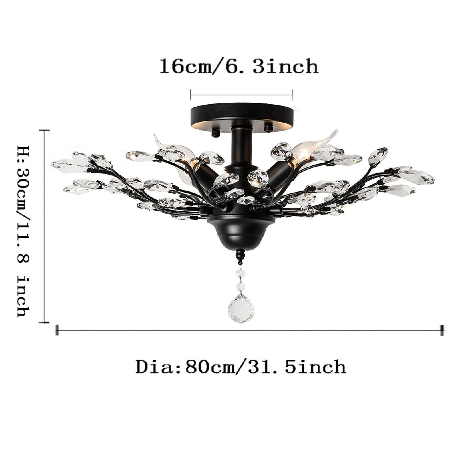 Ganeed Crystal Ceiling Light Chandelier, 5-Light Flush Mount Fixture, Modern Black Iron & K9 Crystal, Model GLM-XDD-5B